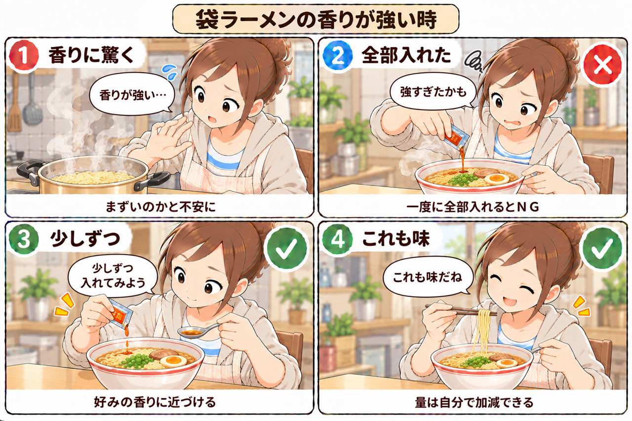 4コマ漫画:うまかっちゃんのにおいが気になる