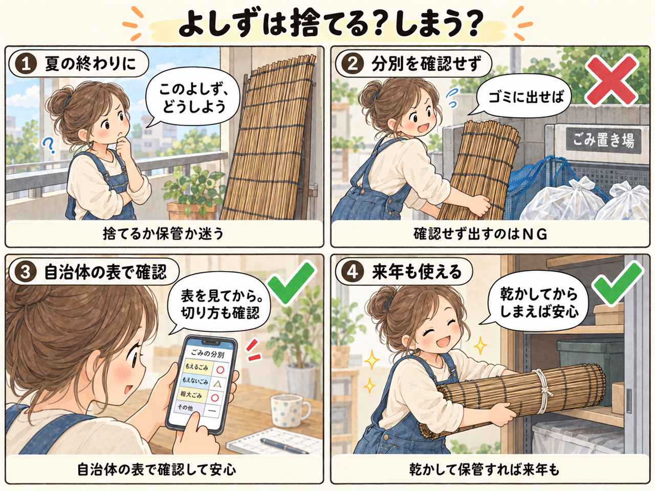 4コマ漫画:よしずの片付け