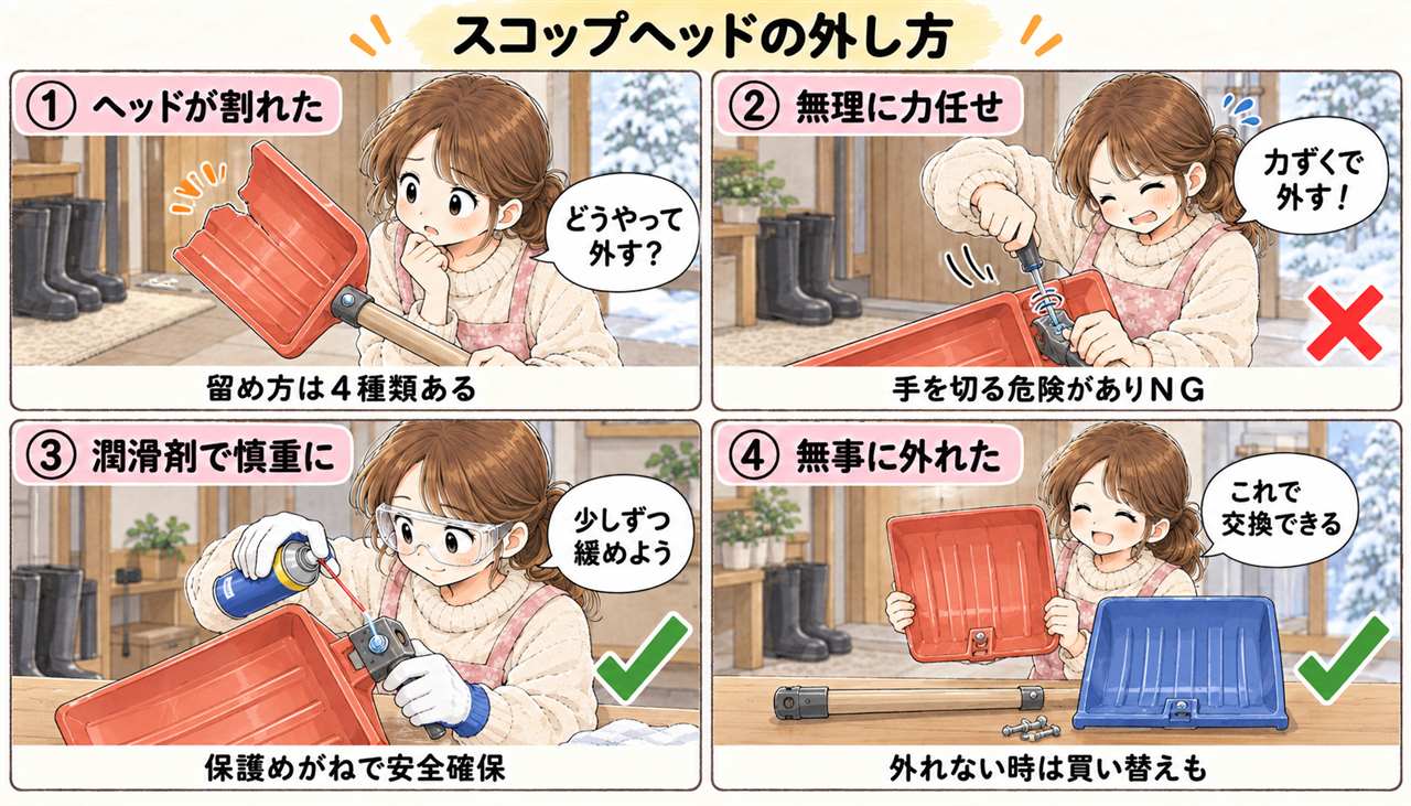 4コマ漫画:雪かきスコップのヘッドの外し方