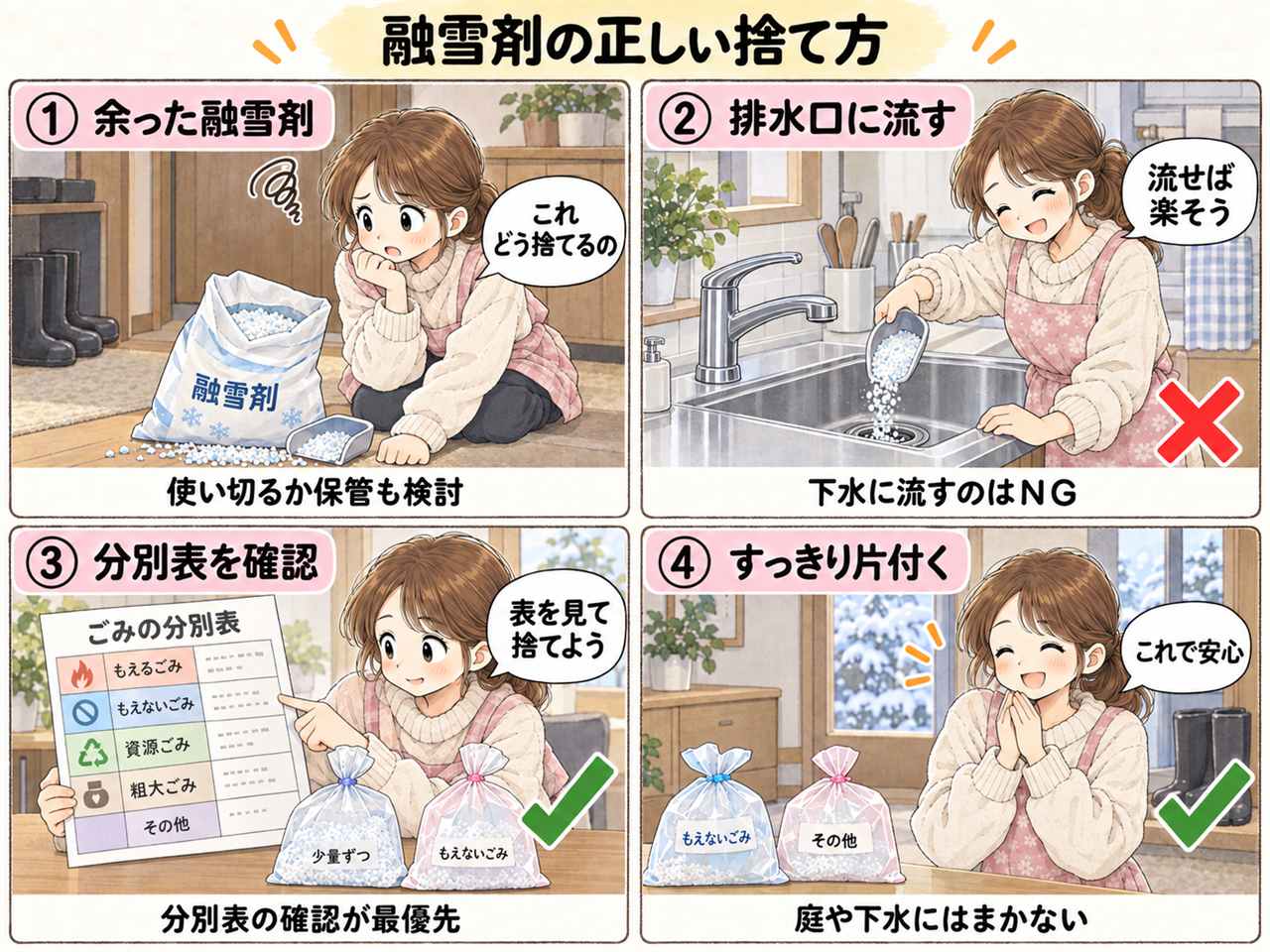 4コマ漫画:融雪剤の捨て方
