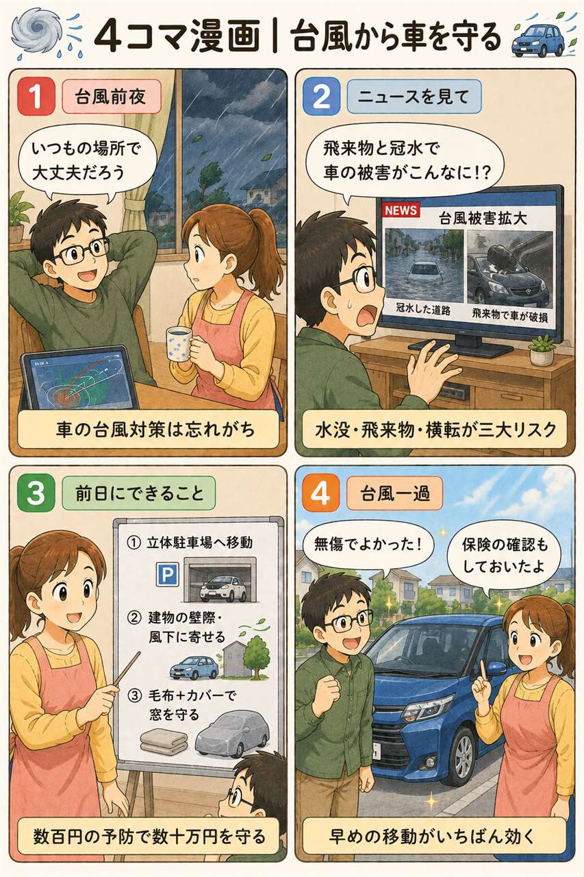 4コマ漫画|台風から車を守る