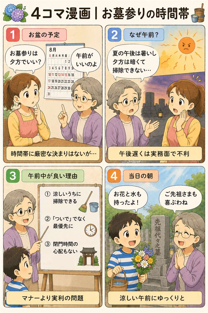 4コマ漫画|お墓参りの時間帯