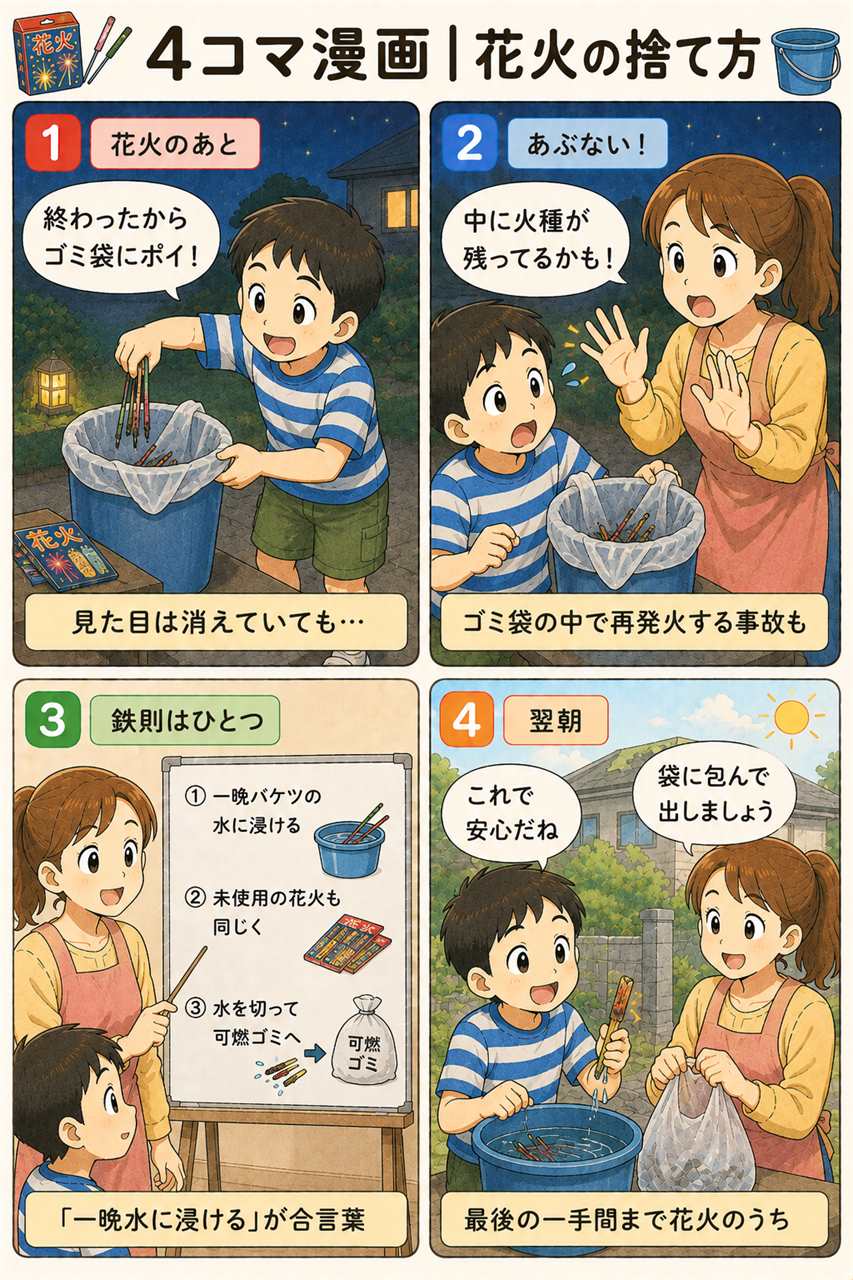 4コマ漫画｜花火の捨て方