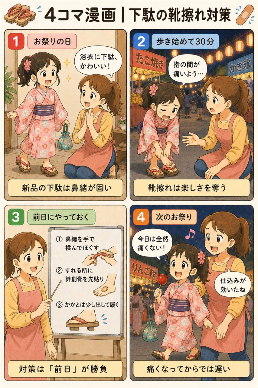 4コマ漫画|下駄の靴擦れ対策