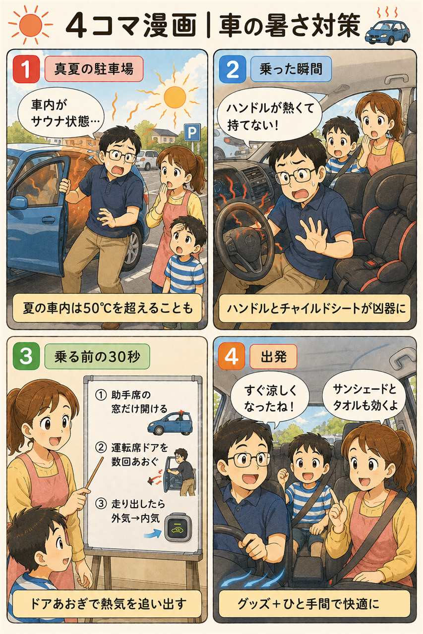 4コマ漫画｜車の暑さ対策