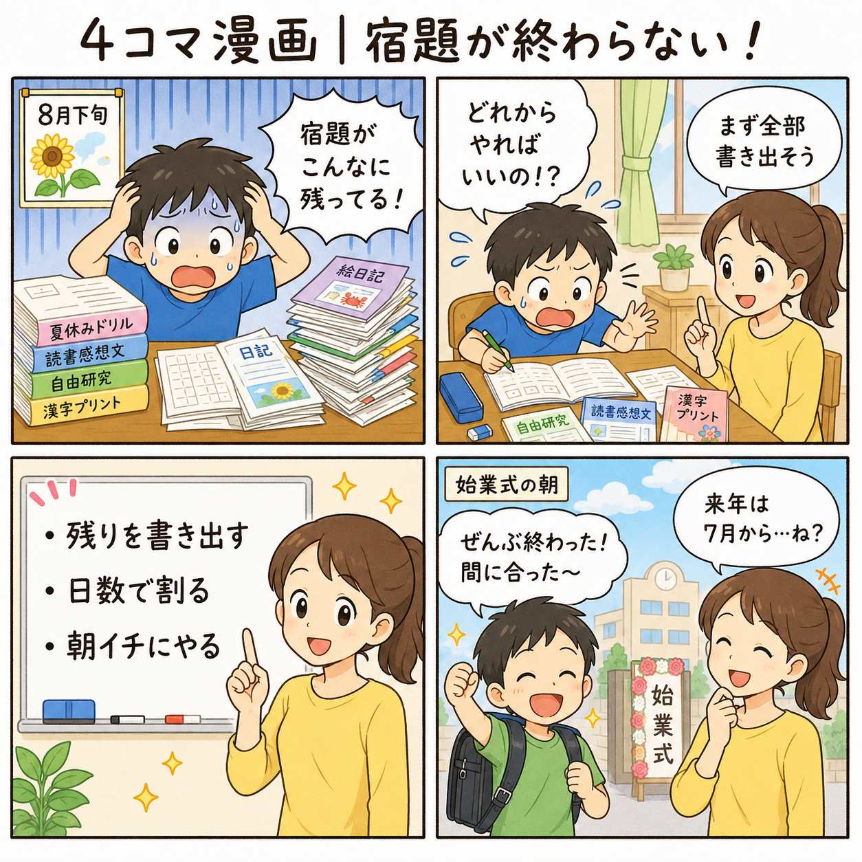 4コマ漫画|宿題が終わらない!