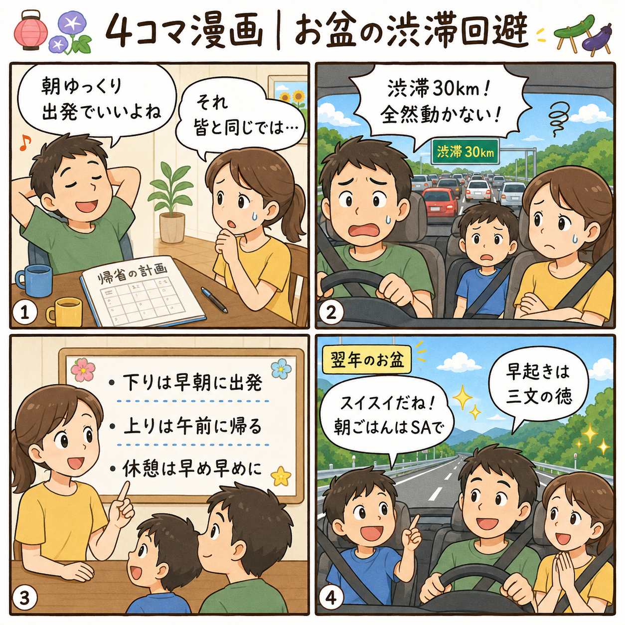 4コマ漫画|お盆の渋滞回避