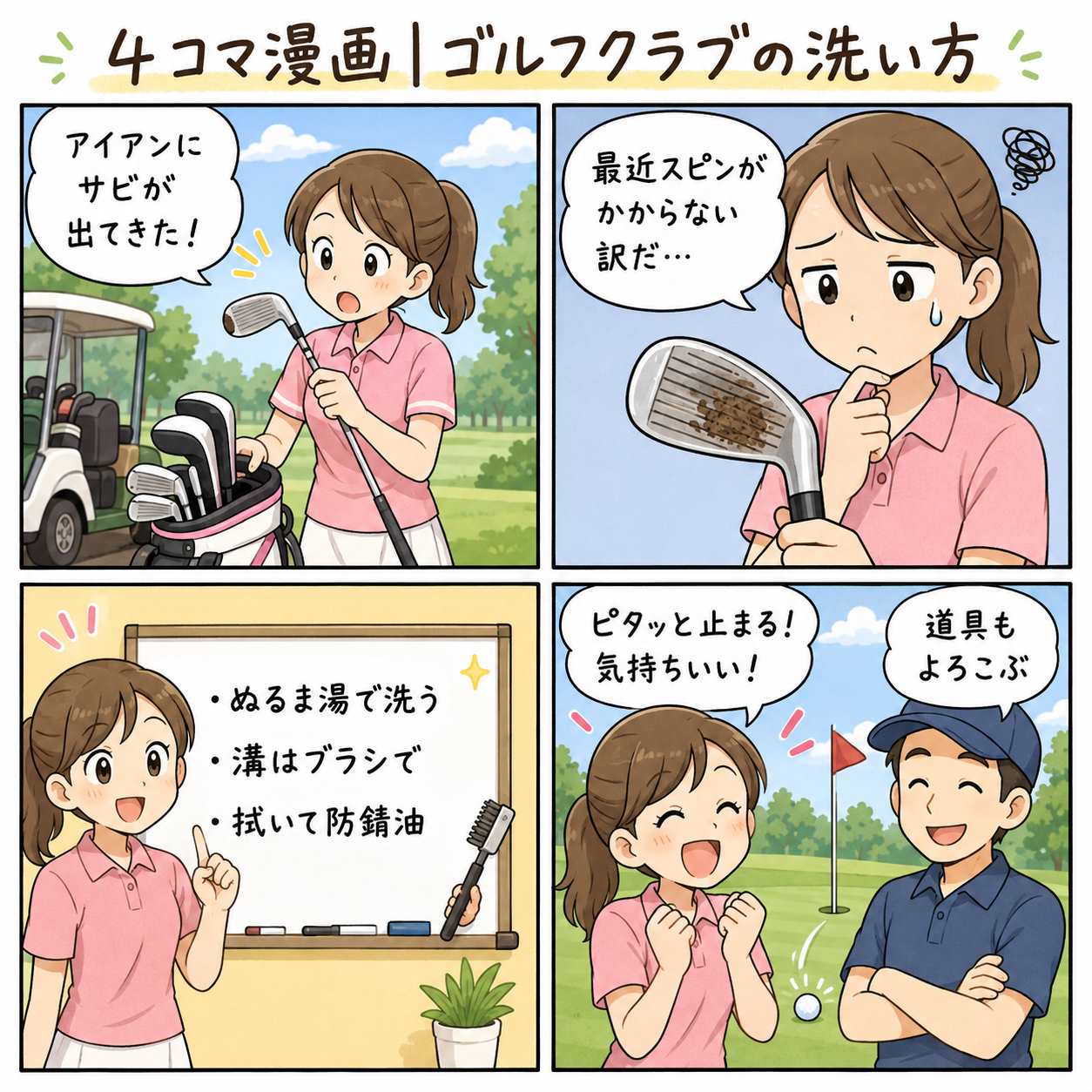 4コマ漫画|ゴルフクラブの洗い方