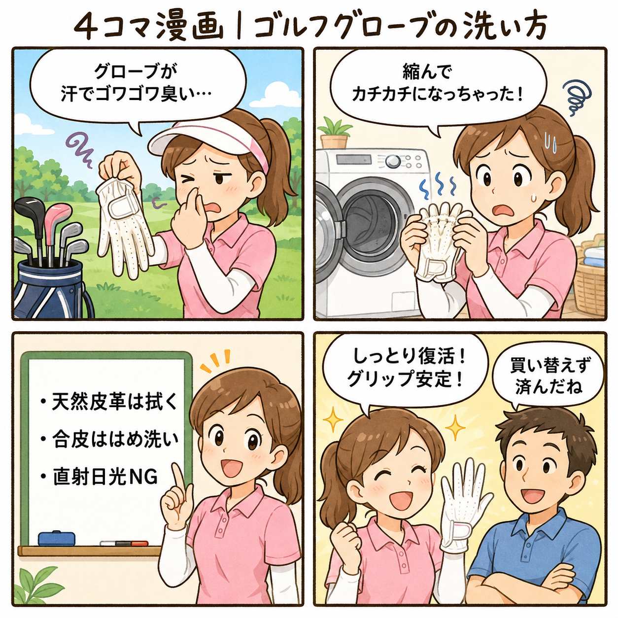 4コマ漫画|ゴルフグローブの洗い方