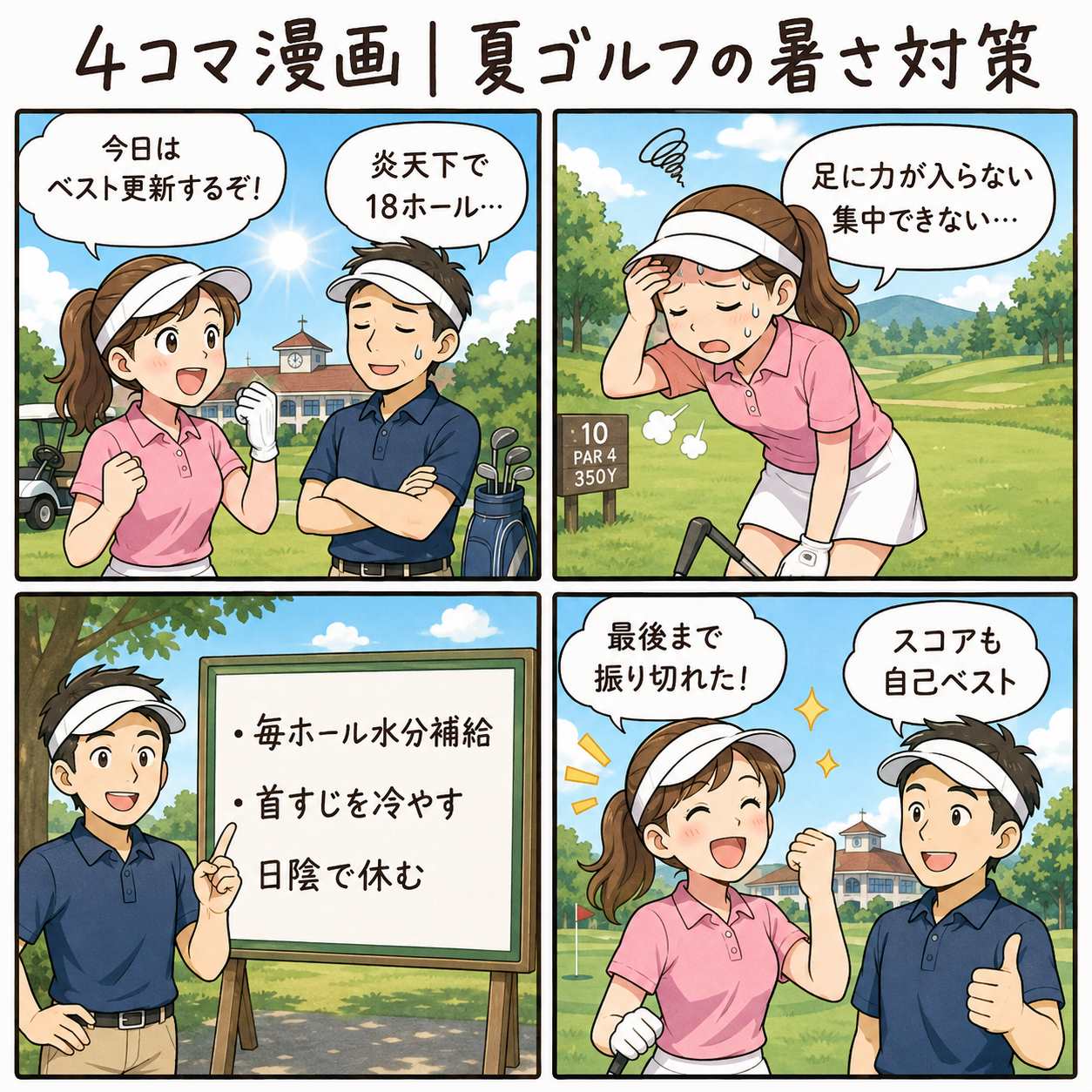 4コマ漫画|夏ゴルフの暑さ対策