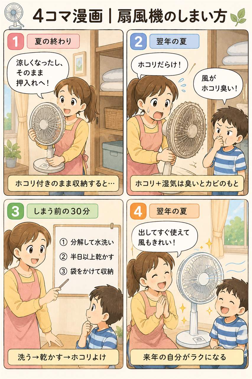 4コマ漫画|扇風機のしまい方