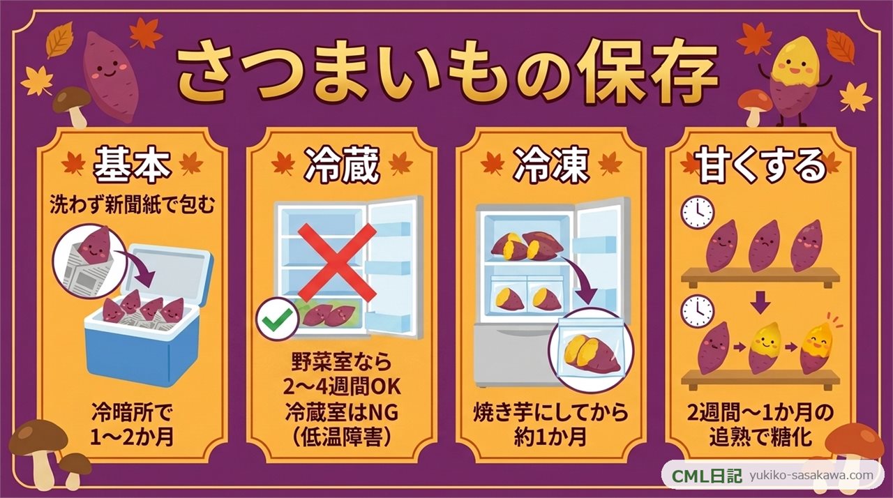 さつまいもの保存方法まとめカード（常温・冷蔵・冷凍・追熟）