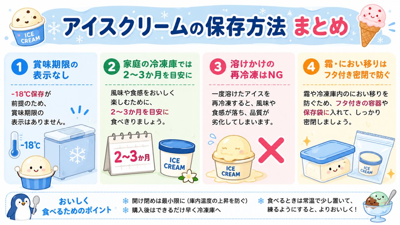 アイスクリームの保存方法まとめ（家庭の冷凍庫での日持ちと再冷凍NGの図解）