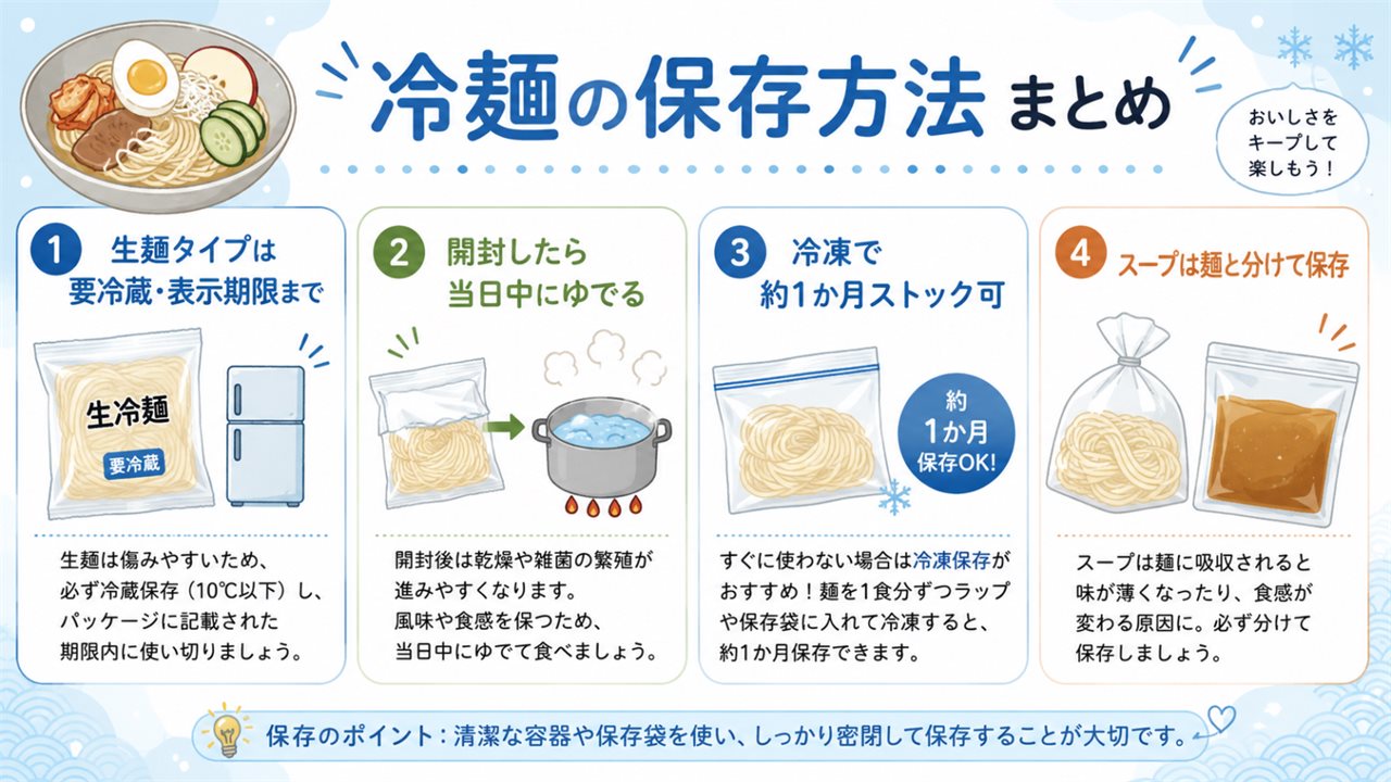 冷麺の保存方法まとめ（生麺の冷蔵・冷凍ストックの図解）