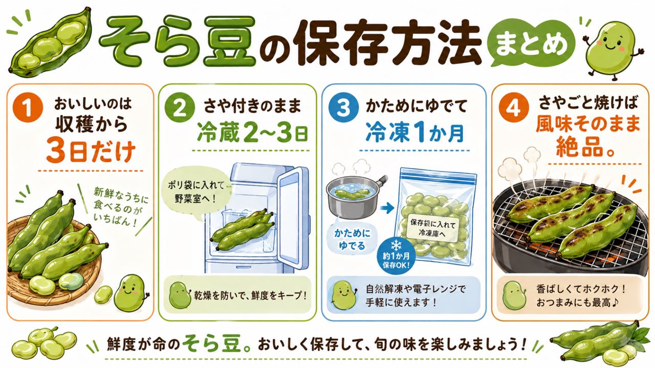 そら豆の保存方法まとめ（さや付き冷蔵とゆで冷凍の図解）
