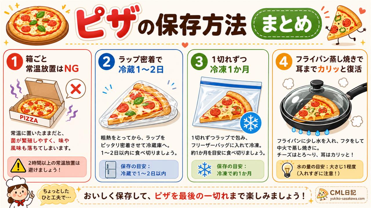 ピザの保存方法まとめ（冷蔵・冷凍とフライパン復活ワザの図解）