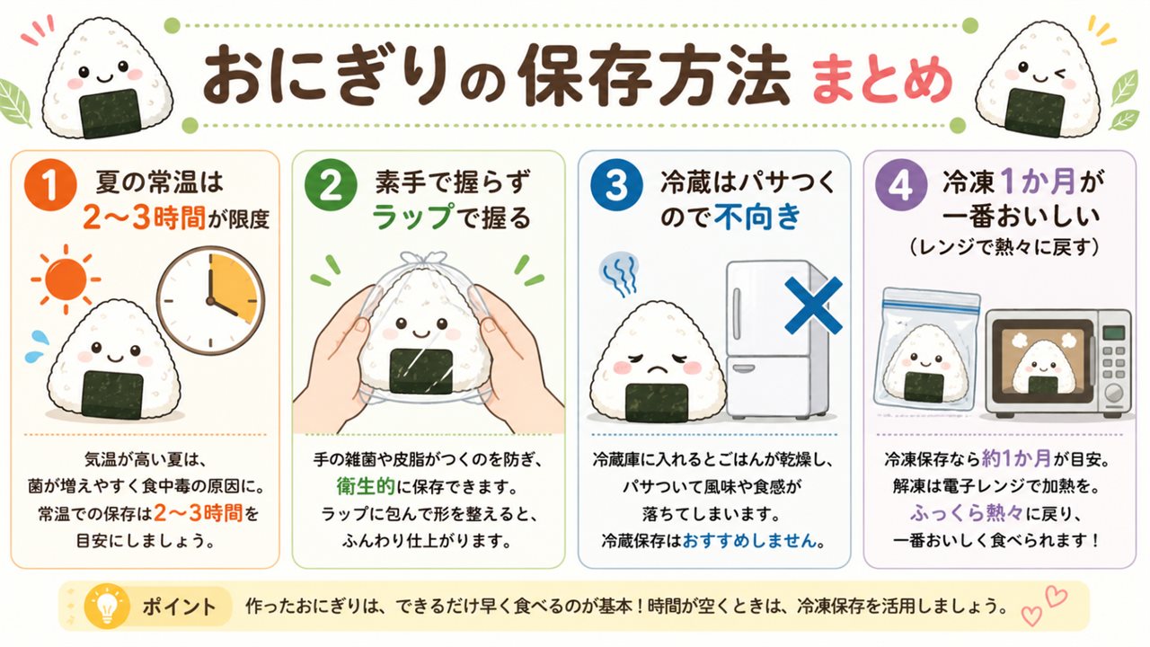 おにぎりの保存方法まとめ（夏の常温限度と冷凍が正解の図解）