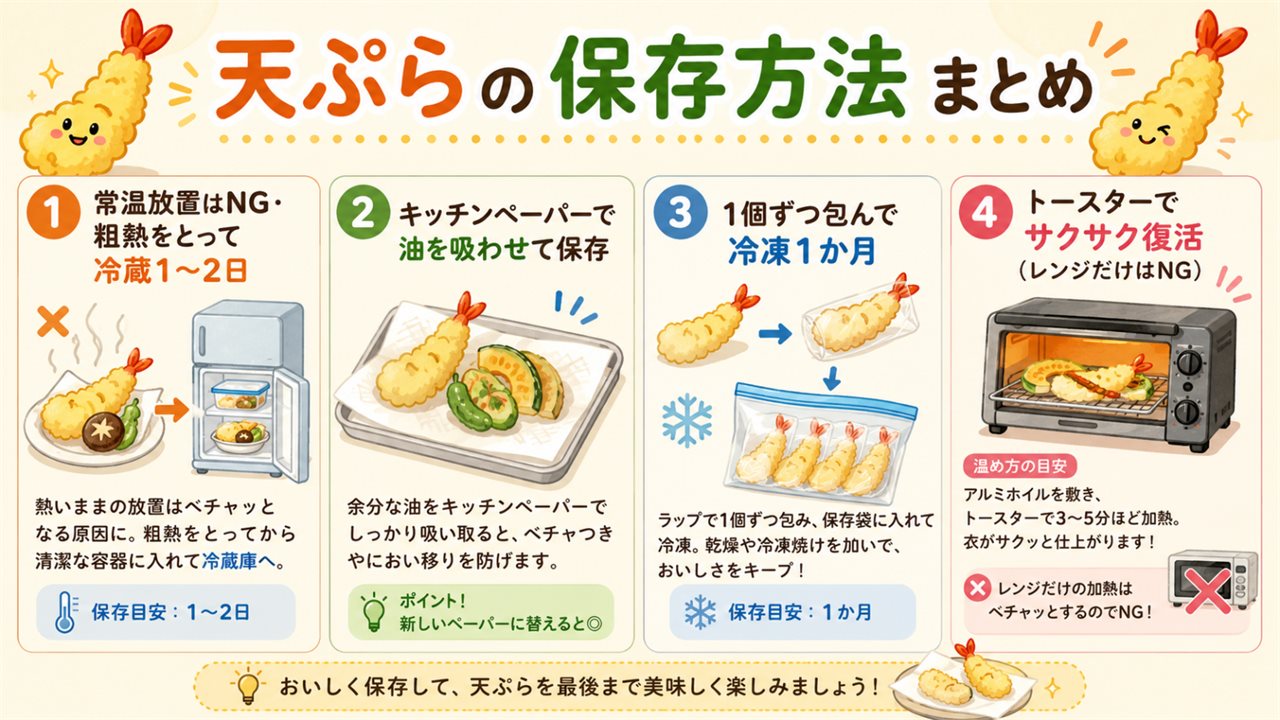 天ぷらの保存方法まとめ（冷蔵・冷凍とトースターでサクサク復活の図解）
