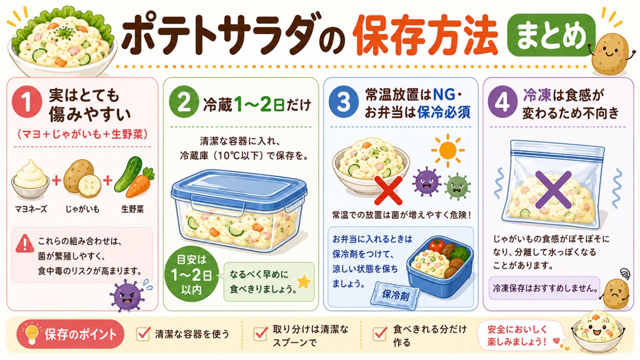 ポテトサラダの保存方法まとめ（冷蔵1?2日と傷みやすい理由の図解）