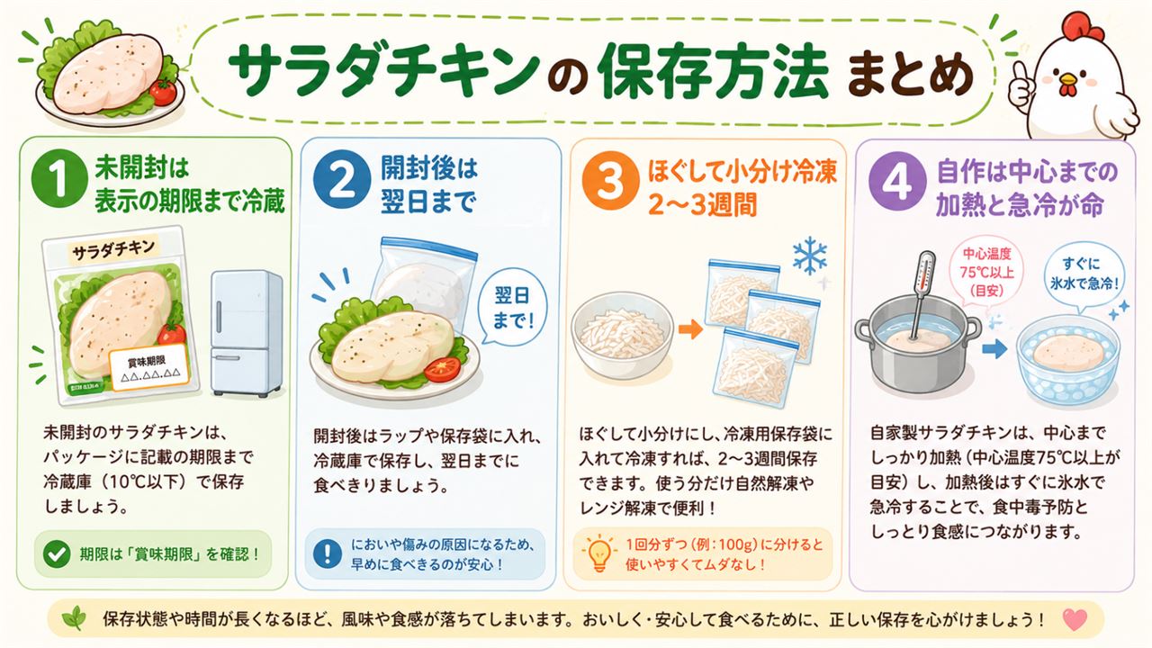 サラダチキンの保存方法まとめ（開封後の日持ちと小分け冷凍の図解）