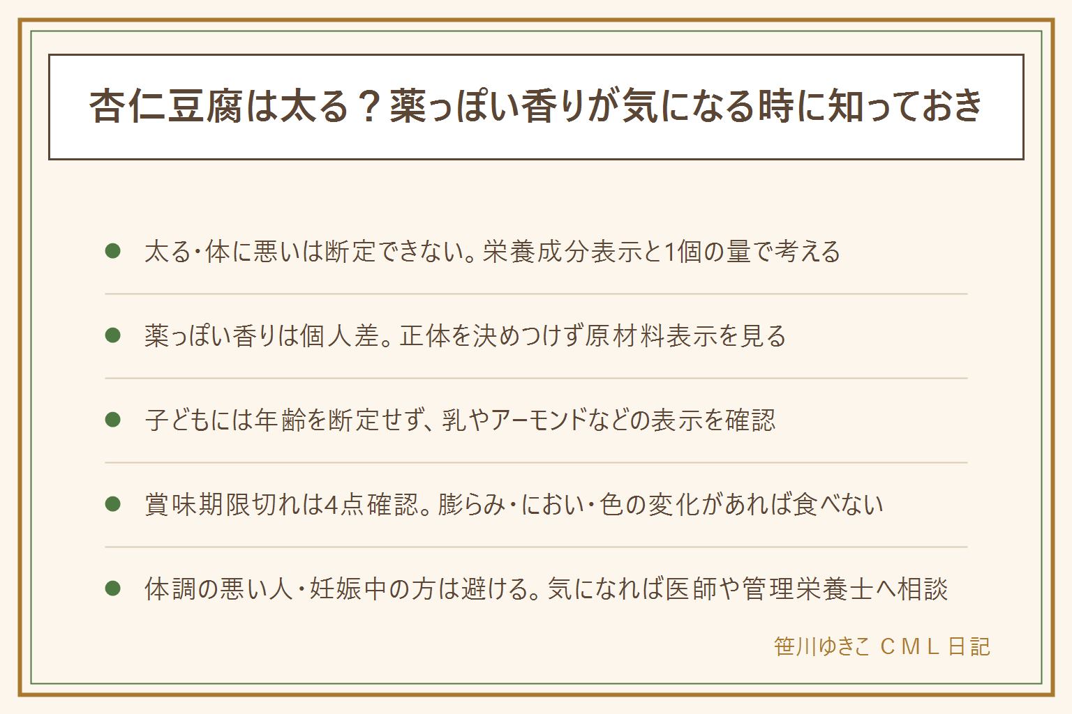 杏仁豆腐の早見表:太るか体に悪いかは断定できず栄養成分表示と1個の量で考える。薬っぽい香りは個人差があり原材料や香料の表示で確認する。子どもに出す時は年齢を断定せず乳やアーモンドなどのアレルギー表示を見る。賞味期限切れは賞味期限と消費期限の違いを踏まえ未開封で表示どおりの保存が前提、カップの膨らみやにおい、色の変化があれば食べない、乳幼児や高齢者、妊娠中や体調の悪い人には出さない。気になる時は医師や管理栄養士に相談する。