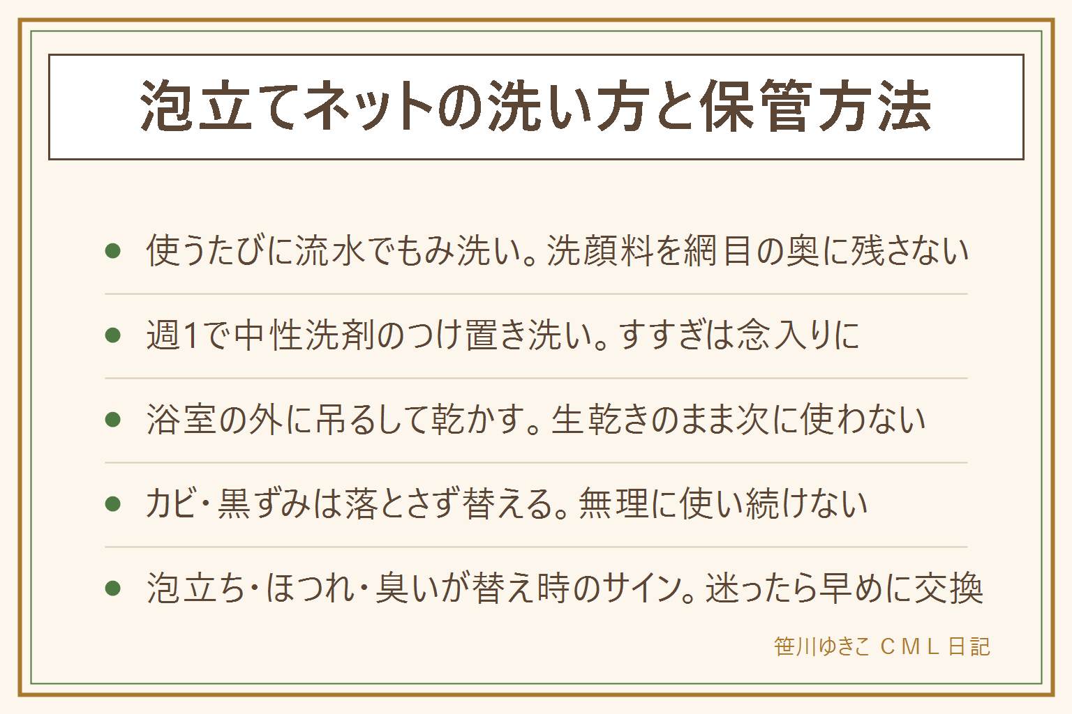 泡立てネットの洗い方と保管方法の早見表:使うたびに流水でもみ洗いし洗顔料を網目の奥に残さない、週1で中性洗剤をぬるま湯に溶かしつけ置きしてから指の腹でもみ洗い、すすぎは念入りに。乾かす時はしっかり絞って浴室の外の風通しの良い場所に吊るす、フックにかけて広げる。黒い点やカビが出たら落とそうとせず新しい物に替える。替え時のサインは泡立ちが悪くなった・網目がほつれた・洗ってもにおいが残る。塩素系の漂白剤を使う時は換気と手袋、酸性の洗剤と混ぜない