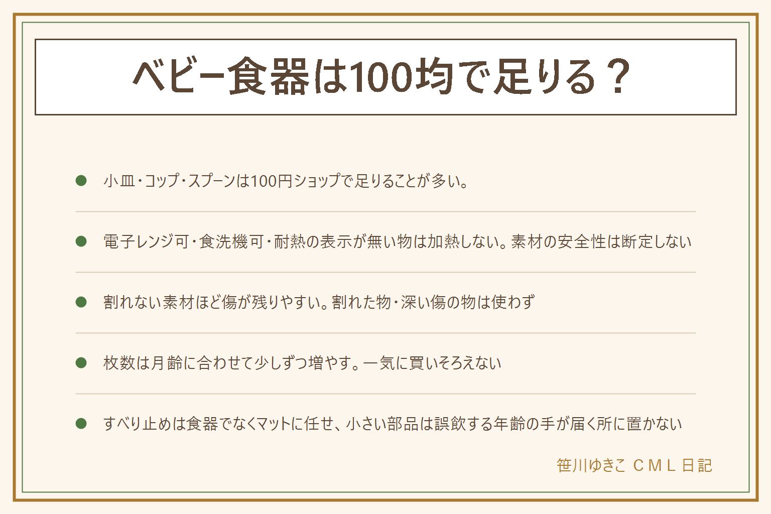 ベビー食器100均早見表:小皿・コップ・スプーンは100円ショップで足りることが多い、吸盤付き食器やすべり止めマット、耐熱保証のある物は表示を確認してから選ぶ。電子レンジ可・食洗機可・耐熱の表示が無い物は加熱しない、素材の安全性は断定しない。割れない素材ほど傷が残りやすいので、割れた物・深い傷の物は使わず熱い器は子どもの手が届く所に置かない。枚数は離乳食初期は小皿2〜3枚、中期後期は4〜5枚、幼児食以降は大人に近い皿を少しずつ増やす。すべり止めは食器でなくテーブルマットに任せ、吸盤やフタなど外れやすい小さな部品はトイレットペーパーの芯を通る大きさなら誤飲する年齢の手が届く所に置かない。ベビー用品全般では顔を覆う布を使わない、紐は首に回らない長さに、ハーネスやベルトの通り道に物を挟まない、柵の内側に物を吊るさないことも意識する