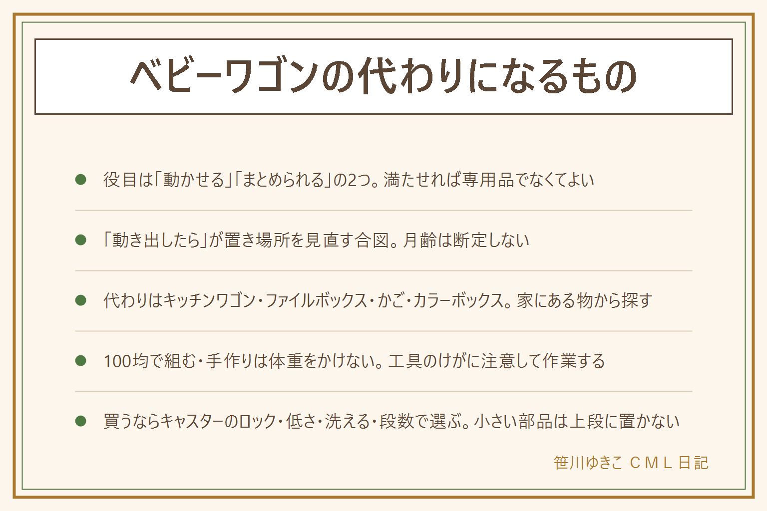 ベビーワゴンの代わりになるものの早見表:役目は動かせる・まとめられるの2つだけ、満たせれば専用品でなくてよい。動き出したらが置き場所を見直す合図、月齢は断定しない。代わりはキッチンワゴン、ファイルボックスとトレー、かご2つと持ち手、カラーボックスを横に。100均は積み重ねボックスにキャスターを付ける型が定番、手作りは体重をかけない使い方にし工具のけがに注意する。買うならキャスターのロック、低めの高さ、拭ける洗える素材、段の数で選ぶ。爪切り・体温計・薬・小さい部品は上段に置かず、寝室では寝床の頭側や通り道をふさがない位置に置く。