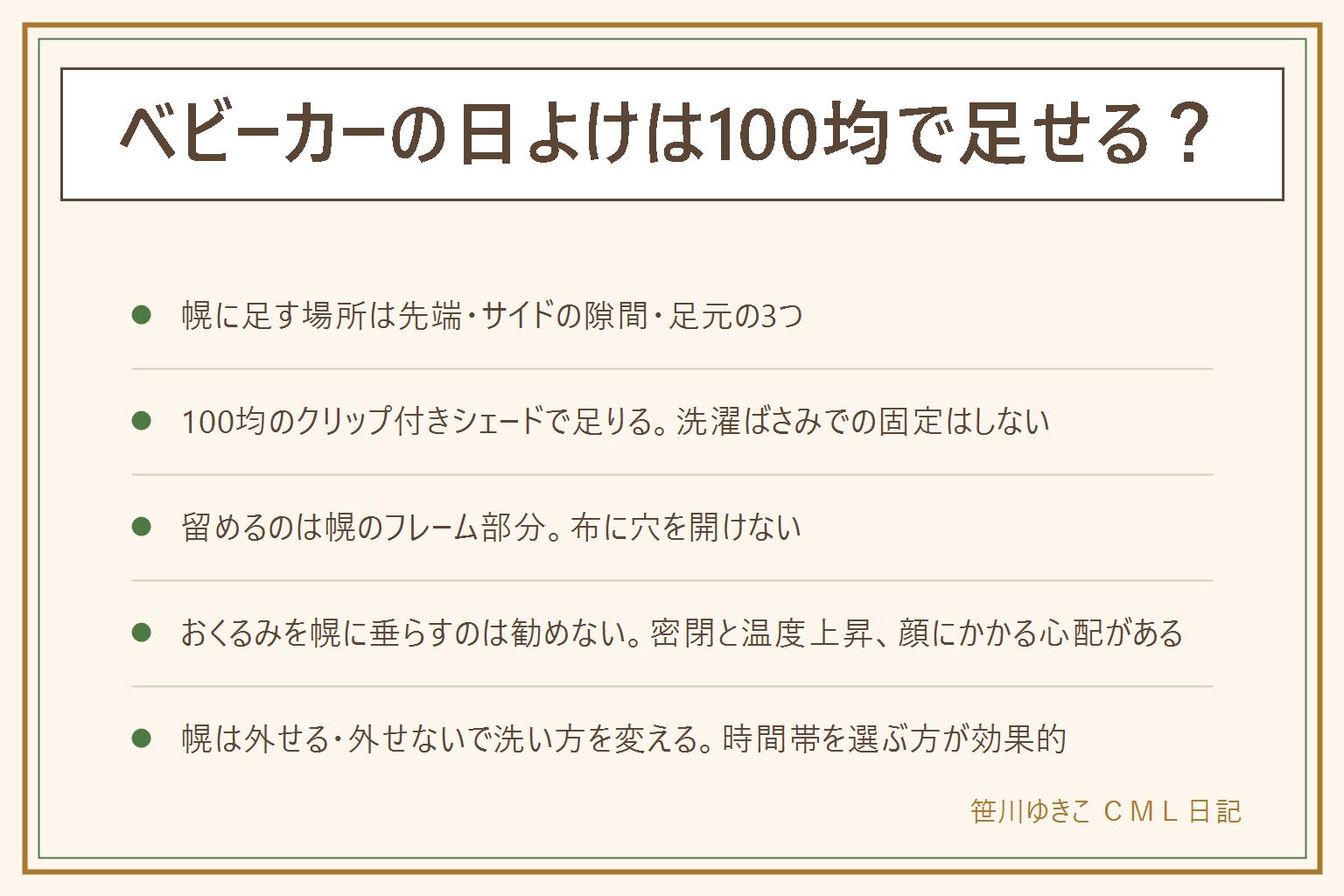 ベビーカーの日よけの早見表:足す場所は幌の先端・サイドの隙間・足元の3つ。100均で足りるのはクリップ付きシェード・小さめのUVシェード・メッシュ生地の覆い、洗濯ばさみでの固定はすすめない。留める時は幌の布ではなくフレーム部分に、穴を開けない、ゴムひもは首や指が入る輪を作らない。おくるみやブランケットを幌に垂らしてかぶせるのは、中の温度が上がる・顔にかかるため勧めない、顔の前に空間を残し密閉しない・短時間・目を離さない。幌は外せるタイプならぬるま湯と中性洗剤で押し洗い、外せないタイプは固く絞った布で拭いて陰干し、直射日光での乾燥は避ける。日よけを工夫する以上に、日差しの強い時間帯を避けて出かける方が効果的。