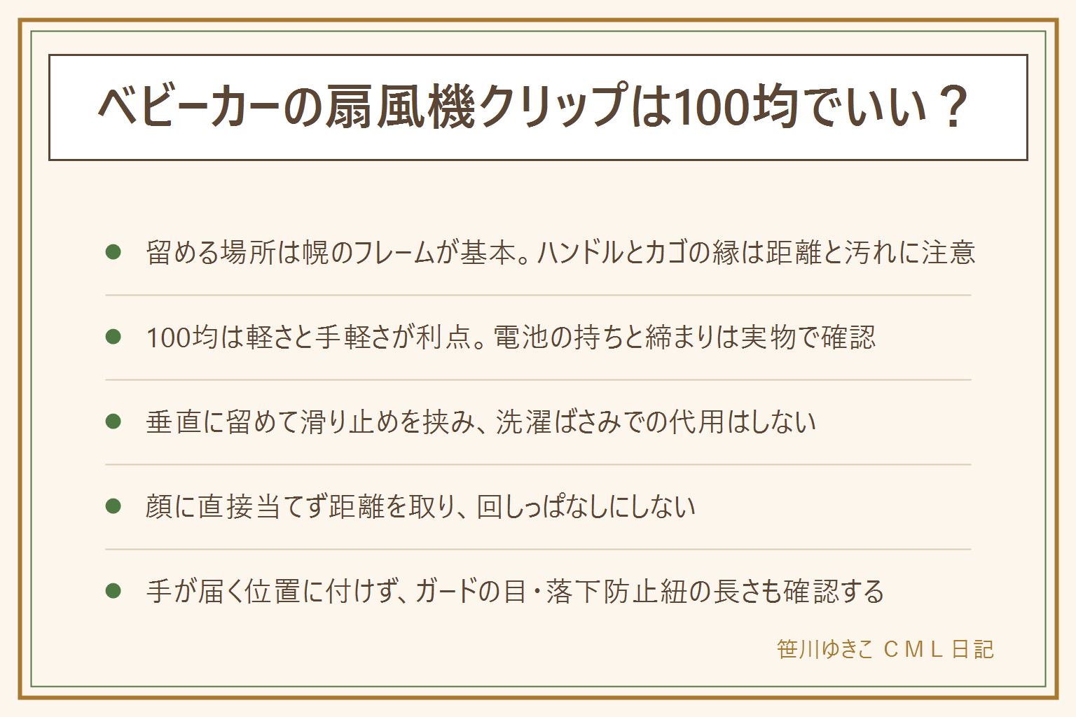 ベビーカーの扇風機クリップ100均の早見表:留める場所は幌のフレームが基本、ハンドルは風が届きにくく、カゴの縁は照り返しに注意。100均は軽さと手軽さが利点だが電池の持ちとクリップの締まりは実物で確認する。落ちない留め方は垂直に・滑り止めを挟む・洗濯ばさみで代用しない。顔に直接当てず距離を取り、回しっぱなしにしない。指と髪の巻き込み対策は、手が届かない位置に固定し、羽根のガードの目の細かさを確認する。落下防止の紐は首に回らない長さに、ベルトの通り道はふさがない、電池や小さい部品は誤飲する年齢の手が届かない所へ。充電式は高温の車内や直射日光を避けて保管し、風より先に時間帯・日陰・地面からの高さを見直す