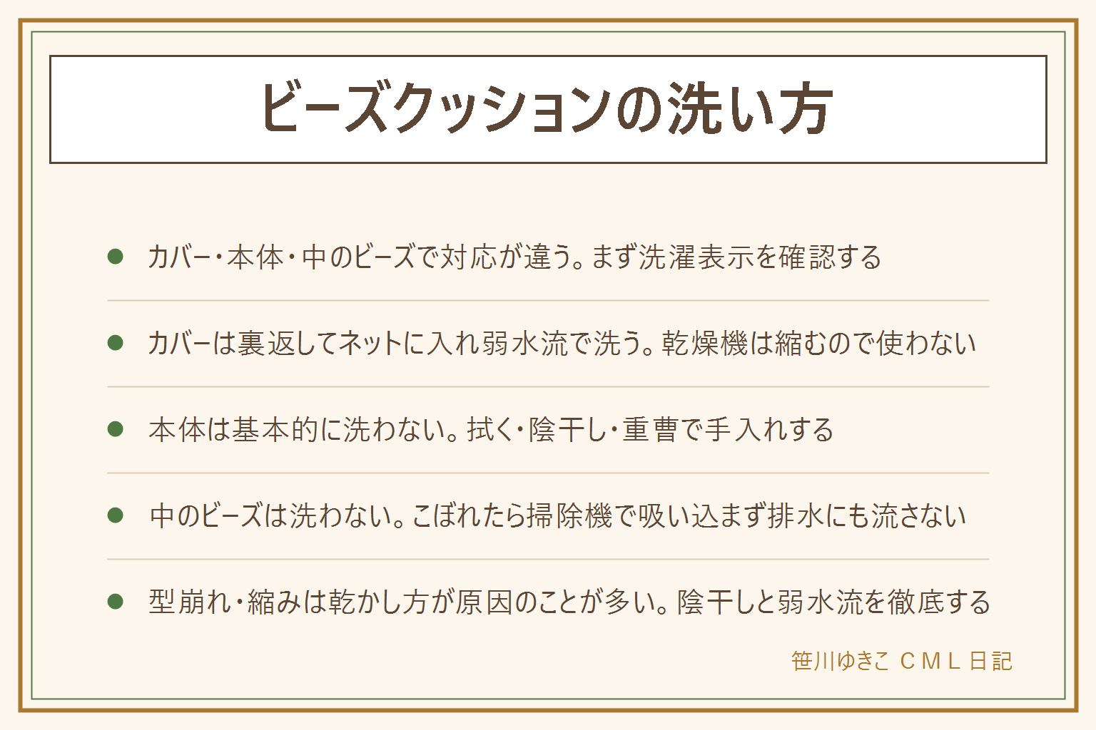 ビーズクッションの洗い方の早見表:カバー・本体・中のビーズで対応が違う。カバーは裏返してネットに入れ弱水流・単独で洗い、乾燥機は生地が縮むので使わない。本体は基本的に洗わず、固く絞った布で拭き取り、週1回ほど陰干しし、匂いが気になる時は重曹をふって掃除機で吸い取る。中の発泡ビーズは水を含むと乾きにくくカビの原因になるので洗わない、内袋が破れたら掃除機で一気に吸い込まず排水口にも流さず手や紙で少しずつ集める、乳幼児の誤飲に注意。洗った後の縮みは乾燥機の高温、伸びは強い水流や他の洗濯物と一緒に洗ったことが原因になりやすいので、弱水流・単独・陰干しを徹底する。