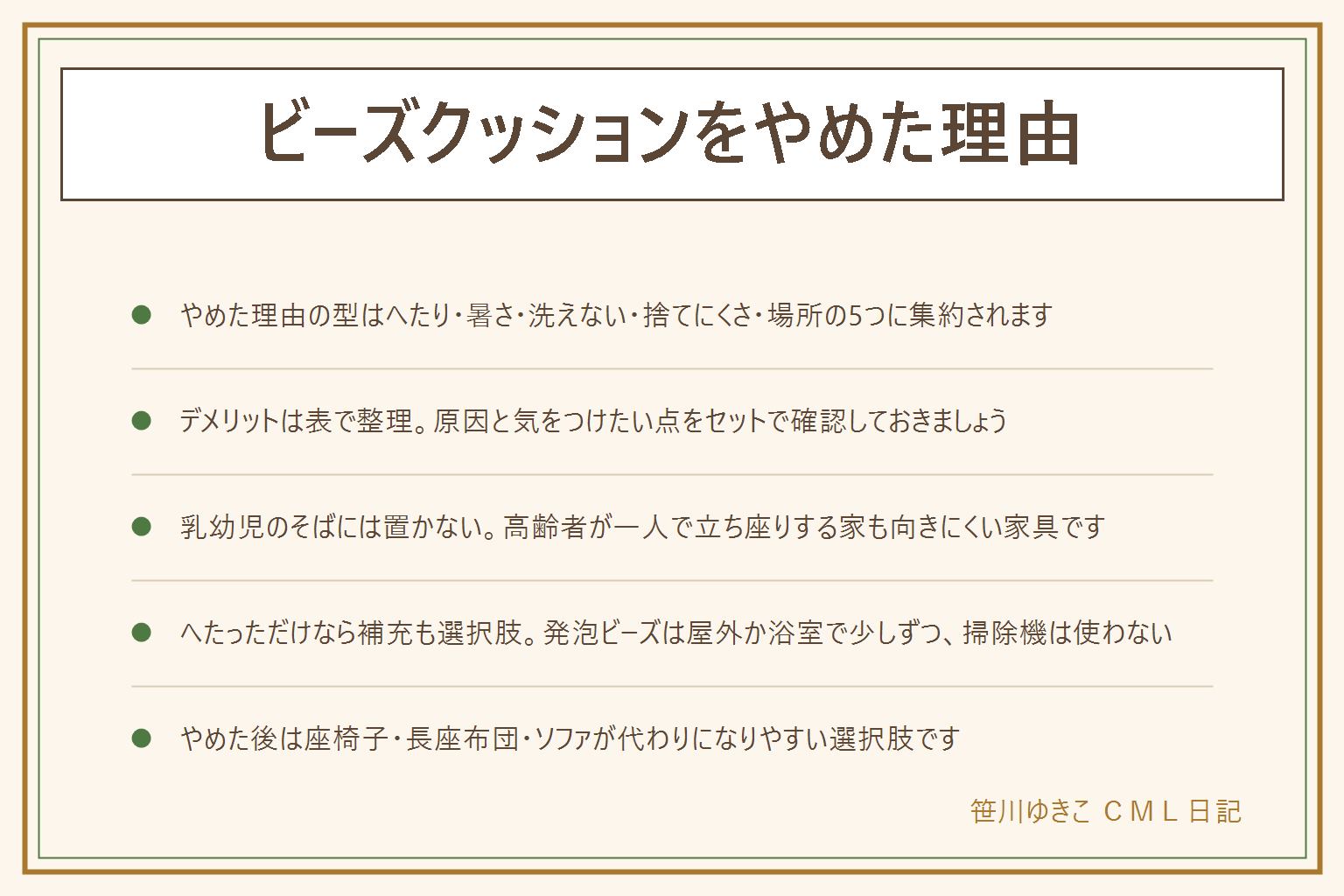 ビーズクッションをやめた理由の早見表:やめた理由はへたり・沈み込み、夏の蒸れ・暑さ、洗いにくさ、捨てにくさ、場所を取ることの5つの型が多い。向く家は一人暮らしで自分の時間が多い・こまめに手入れできる・置く場所に余裕がある家、向かない家は乳幼児が近くで過ごす・高齢者が一人で立ち座りする・部屋が狭い・湿気がこもる家。乳幼児のそばに置かない、高齢者の立ち座りに注意。へたってきたらまず状態を見て、カバーがきれいなら補充、静電気に注意し屋外か浴室で少しずつ、掃除機は使わない。傷みが大きいなら買い替え、洗えるカバー付きを選ぶと次が楽。やめた後の代わりは座椅子・長座布団・ソファ。金額や効果は断定しない