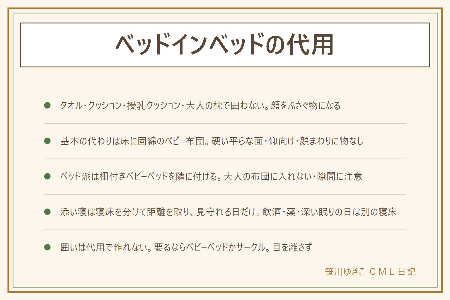 ベッドインベッドの代用の早見表:まず代用してはいけないものは、丸めたバスタオルで囲む・クッションや座布団で壁を作る・授乳クッションの真ん中に寝かせる・大人の枕を並べて囲う・ソファやビーズクッションの上で、どれも顔をふさぐ物になる。近い形は、床に固綿のベビー布団を敷く、柵付きのベビーベッドを大人のベッドの隣に付ける、添い寝は隣に別の寝床、クーファンは日中の短時間、数か月ならレンタル。大人のベッドで添い寝したい時は、寝床を分ける(大人の布団に入れない・端や壁との隙間に置かない)、距離を取る(大人の掛け布団と枕が届かない・顔まわりに物なし・仰向け)、見守れる日だけ(飲酒・眠くなる薬・深く眠りすぎる日は別の寝床・寝返りが始まったら見直す)。囲いは家にある物では作れず、要るならベビーベッドかサークル。目を離さない、様子がおかしい時は受診し夜間休日はこども医療電話相談#8000へ、判断は小児科や公的機関の案内に従う