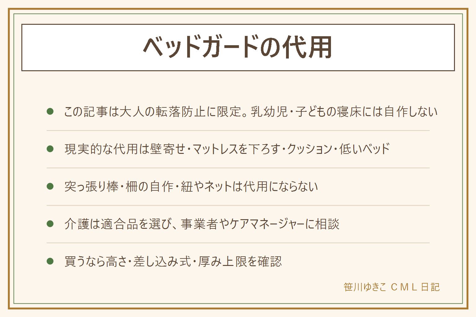 ベッドガードの代用の早見表:この記事は大人の転落防止に限定し、乳幼児や子どもの寝床には自作しない。現実的な代用は壁側に寄せる、マットレスを床に下ろす、床にクッションを敷く、低いベッドにするの4つ。突っ張り棒、柵の自作、紐やネットは代用にならない。介護で心配な時は適合品を選び、福祉用具の事業者やケアマネージャーに相談する。購入するなら高さ、差し込み式かどうか、マットレスの厚み上限を確認する。介護・医療の判断は断定せず専門家に相談する