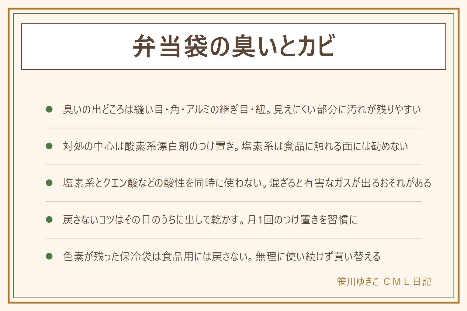 弁当袋の臭いとカビの早見表:臭いの出どころは底の縫い目・内側の角・アルミの継ぎ目・紐の4か所。油っぽい臭いは食器用洗剤で予洗いしてから酸素系でつけ置き、酸っぱい臭いも酸素系でつけ置きしてしっかりすすぐ、内側の黒い点は酸素系でつけ置きし落ちなければ見切る。つけ置きは40度前後のお湯に酸素系漂白剤を溶かして30分から1時間、すすいでから陰干し。塩素系の漂白剤は食品に触れる面には勧めず、塩素系とクエン酸などの酸性を同時に使わない。戻さないコツはその日のうちに出して乾かし月1回のつけ置きを習慣にすること。色素が残った保冷袋は食品用には戻さず買い替える。