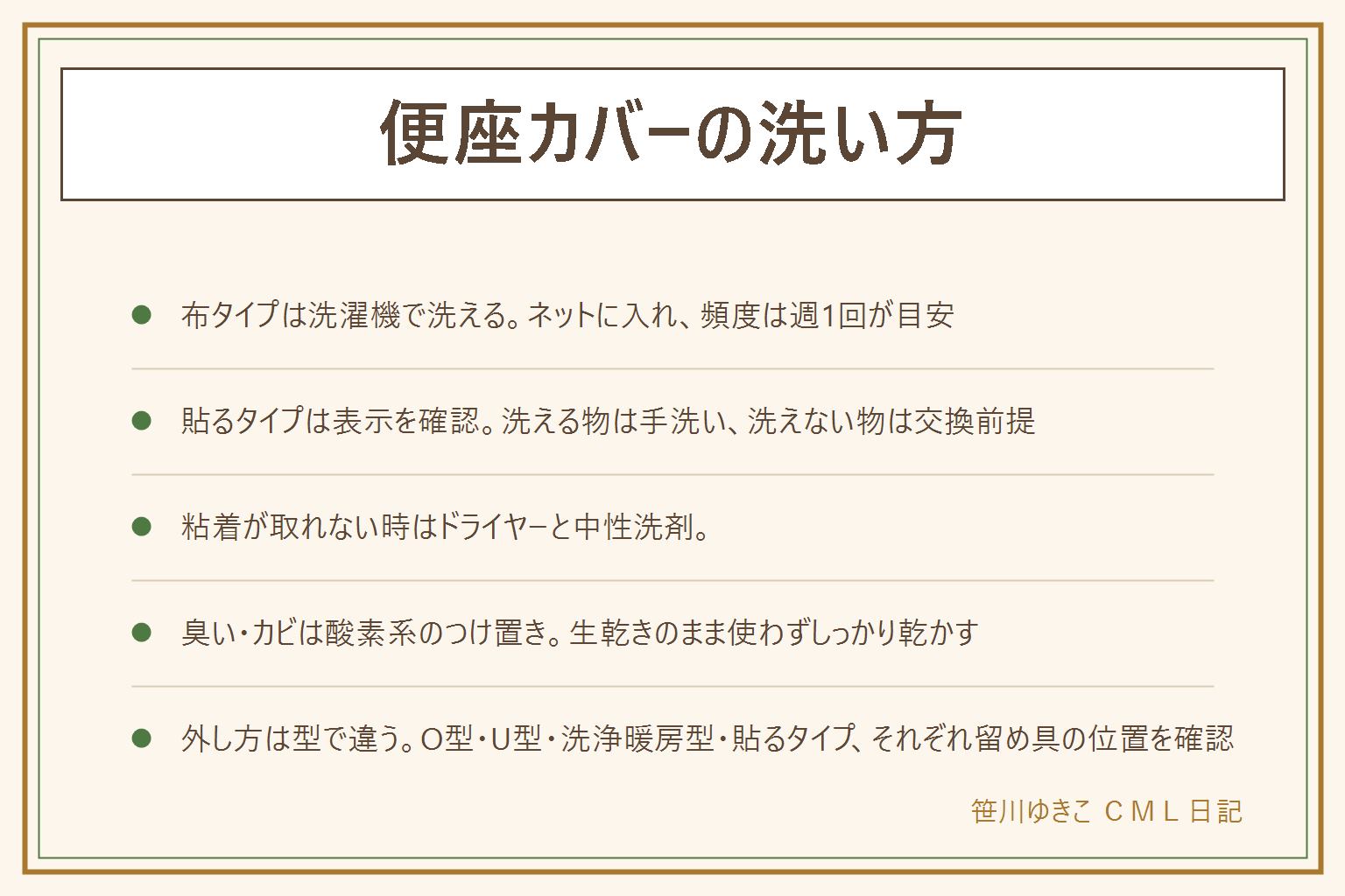 便座カバーの洗い方の早見表:布タイプは洗濯ネットに入れて単独か少量で洗濯機、頻度は週1回が目安、乾燥機の可否は表示を確認。貼るタイプは表示を見て洗えるものだけ手洗いし、洗えない物は交換前提。粘着が取れない時はドライヤーの温風で柔らかくしてから中性洗剤で優しくこする、除光液やシンナーの溶剤・メラミンスポンジ・金属ヘラは便座を傷めるので使わない、トイレ用洗剤の塩素系と酸性は絶対に混ぜない。臭いとカビは酸素系のつけ置きでリセットし生乾きのまま使わない。外し方はO型はゴムを縁から、U型は留め具から、洗浄暖房型はセンサーとノズルを避けて、貼るタイプは電源を抜いてから端からゆっくり外す