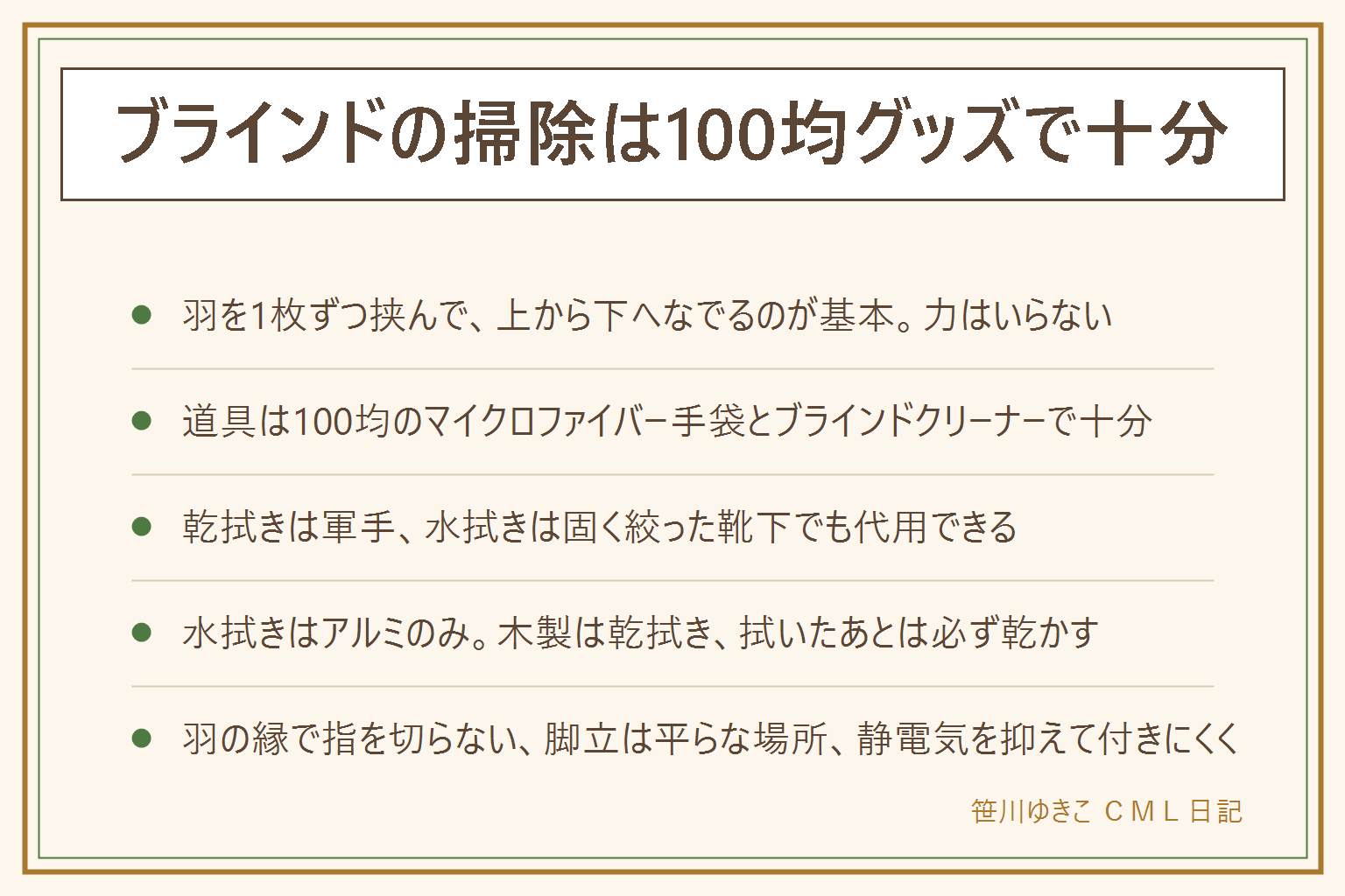 ブラインドの掃除を100均で済ませる早見表:日常のほこり取りは羽を水平に開いて上から下へ、手袋をはめた手で羽を1枚ずつ挟んで表裏を同時になで、羽を裏返してもう一度、床に落ちたほこりを回収する。道具は100均のマイクロファイバー手袋とブラインドクリーナー、ハンディモップ、掃除機のブラシは弱で。乾拭きは軍手、水拭きは固く絞った靴下でも代用できる。月1の水拭きはアルミのみ可で木製と竹は乾拭き、台所の油汚れは薄めた中性洗剤で拭いてから水拭きと乾拭き、拭いたあとは羽を開けて必ず乾かす。丸洗いはアルミのみで木製は不可、自己責任で。ほこり対策は静電気防止スプレーを布に含ませて拭く、柔軟剤水はごく薄く、週1で手袋ひとなで。羽の縁で指を切らない、脚立は平らな場所で片手を添える