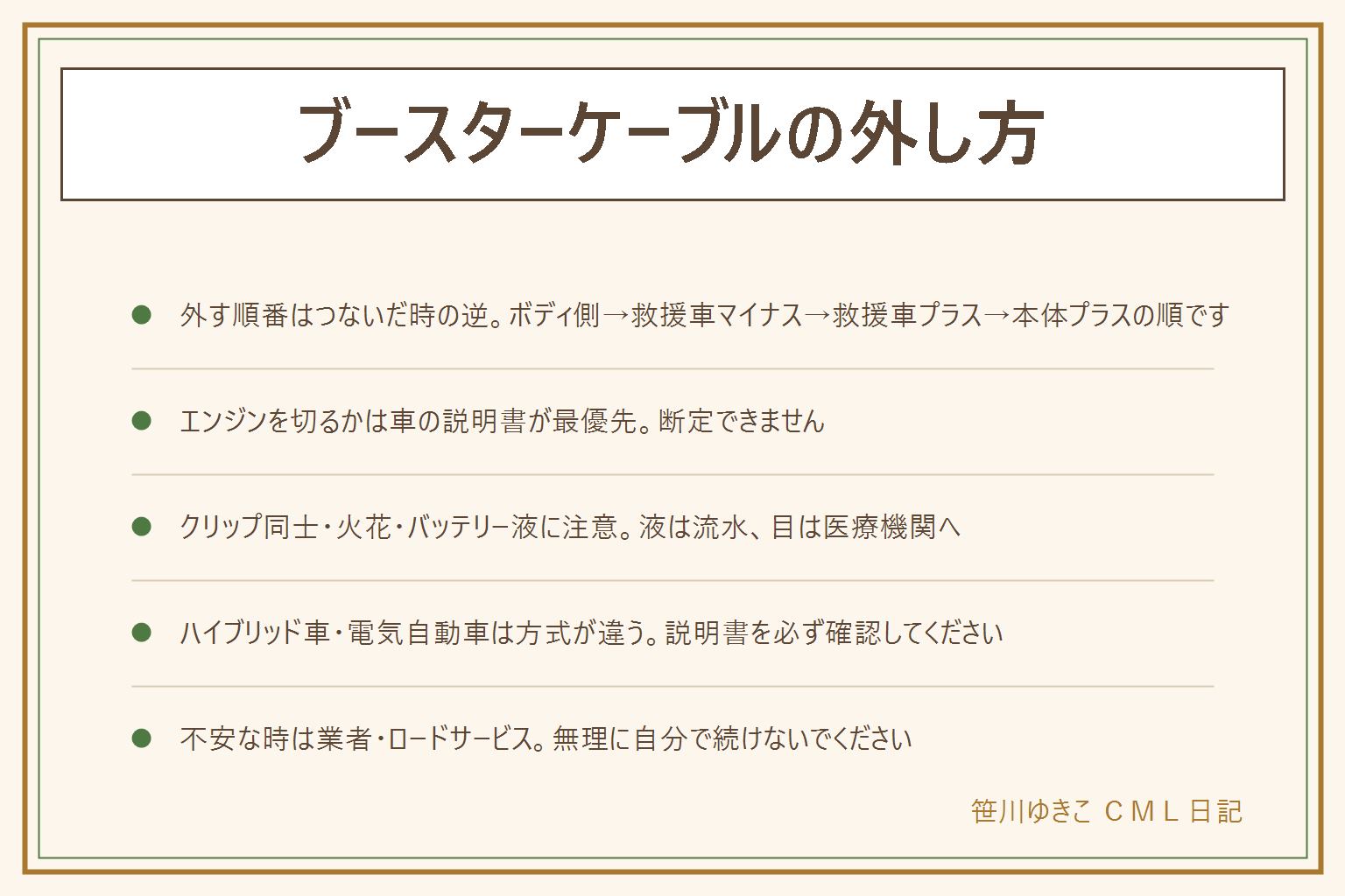 ブースターケーブルの外し方早見表:外す順番はつないだ時の逆で、救援される車のボディの金属部分→救援車のマイナス端子→救援車のプラス端子→救援される車のプラス端子。エンジンを切るかどうかは車の説明書が最優先で断定できない。やってはいけないことは、クリップ同士を触れさせる、プラスとマイナスを逆に外す、バッテリーの真上で作業する、液が付いたら流水せず放置すること。順番を間違えるとヒューズ切れや電装品の故障、最悪は発火の恐れがあるため不安なら業者やロードサービスに相談する。ハイブリッド車や電気自動車は補機バッテリーの仕組みが違うため説明書を必ず確認する。かかった後は少し走ってバッテリーを回復させ、繰り返す場合は点検や交換を検討する