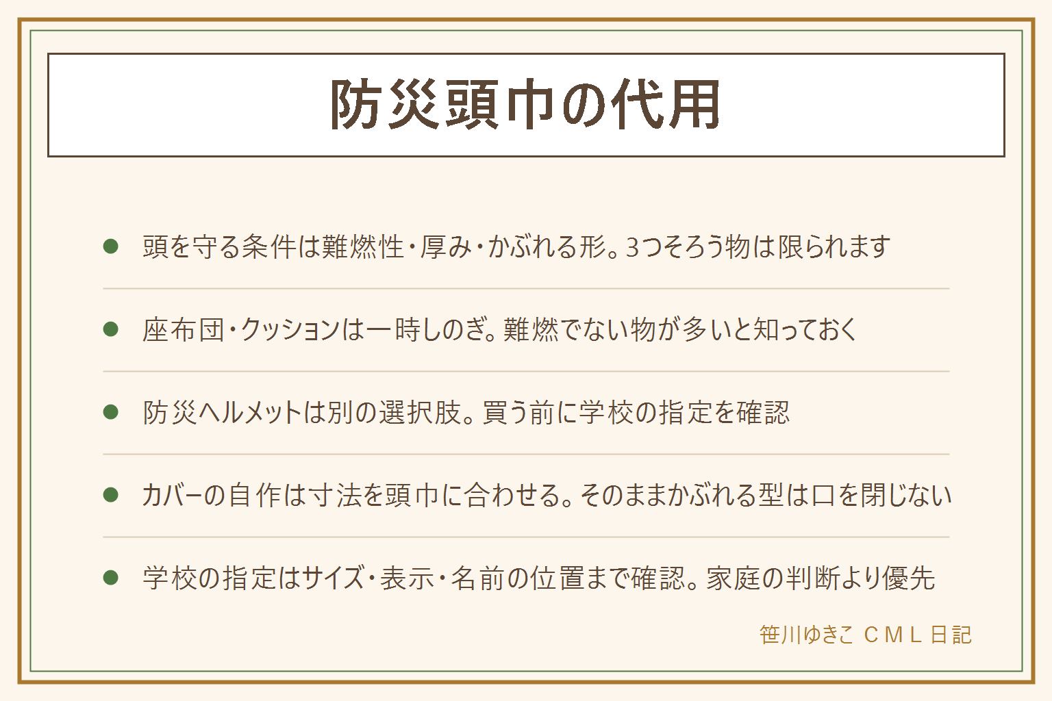 防災頭巾の代用の早見表:頭を守る条件は難燃性・厚み・かぶれる形の3つ。座布団やクッションは厚みはあるが難燃でない物が多く一時しのぎと考える、紐で固定する時は首を締めつけず視界や呼吸をふさがない。防災ヘルメットは別の選択肢だが購入前に学校や園の指定の有無を必ず確認する。カバーを自作する時は寸法を頭巾本体に合わせて縫い代を足し、そのままかぶれる型は口を閉じないようにし、作業中は針やはさみを子どもから離す。学校の指定がある場合はサイズ・難燃表示・名前を書く位置まで確認し、家庭の判断より指定を優先する