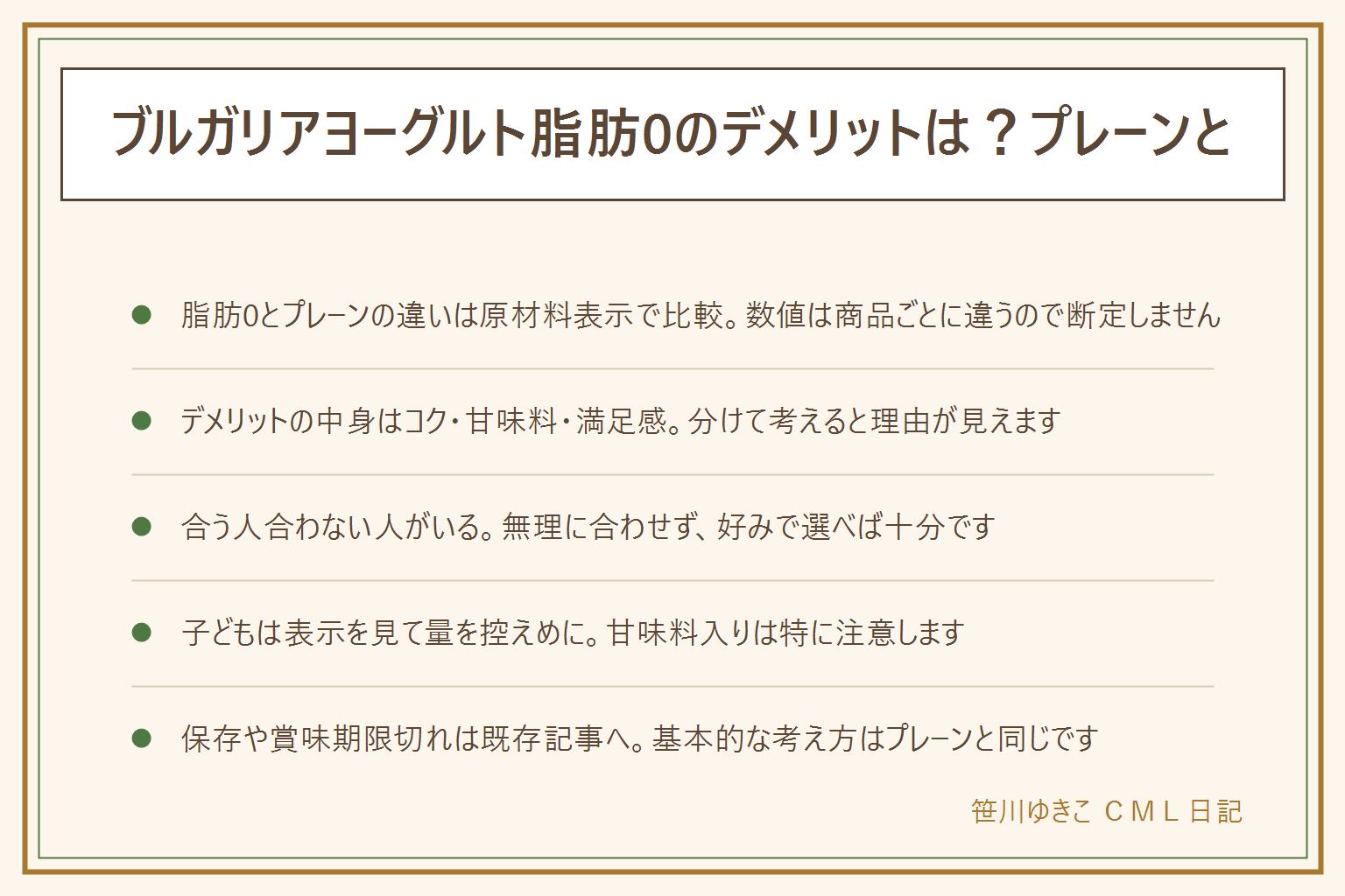 ブルガリアヨーグルト脂肪0のデメリット早見表:プレーンとの違いは脂質・原材料・食感を原材料表示で比較する、デメリットと言われる理由はコクが少ない・甘味料が気になる・満足感が続きにくいの3つに分けられる、フルーツやきなこと組み合わせると補いやすい、合う人はさっぱり派、合わない人は濃厚派、子どもに出す時は表示を見て量を控えめにする、持病がある方や薬を飲んでいる方、妊娠中や授乳中の方は医師や薬剤師に相談する