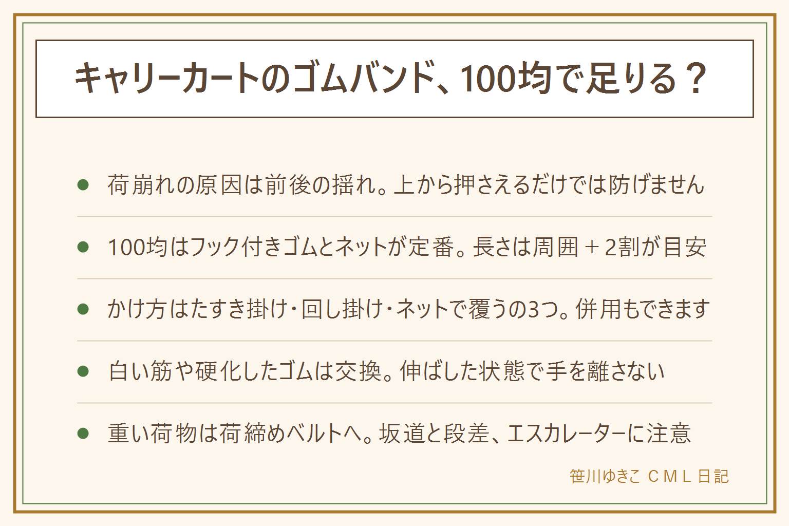 キャリーカートのゴムバンドの早見表:荷崩れの原因は上下ではなく前後の揺れ。100均で買えるのはフック付きゴム・ゴムネット・幅広ベルトの3型、長さは荷物の周囲に2割ほどの伸びしろを足す。かけ方はたすき掛けで対角線に渡す、回し掛けで荷台を一周させる、ネットで覆う、荷物の形で使い分け併用もできる。白い筋が入ったゴムや硬くなったゴムは交換し、伸ばした状態で手を離さない、目の高さで張らないことでフックが飛ぶ事故を防ぐ。重い荷物は荷締めベルトへ切り替え、人を乗せない、耐荷重を超えない、坂道で手を離さない、段差は引いて越える、階段とエスカレーターには乗せない。