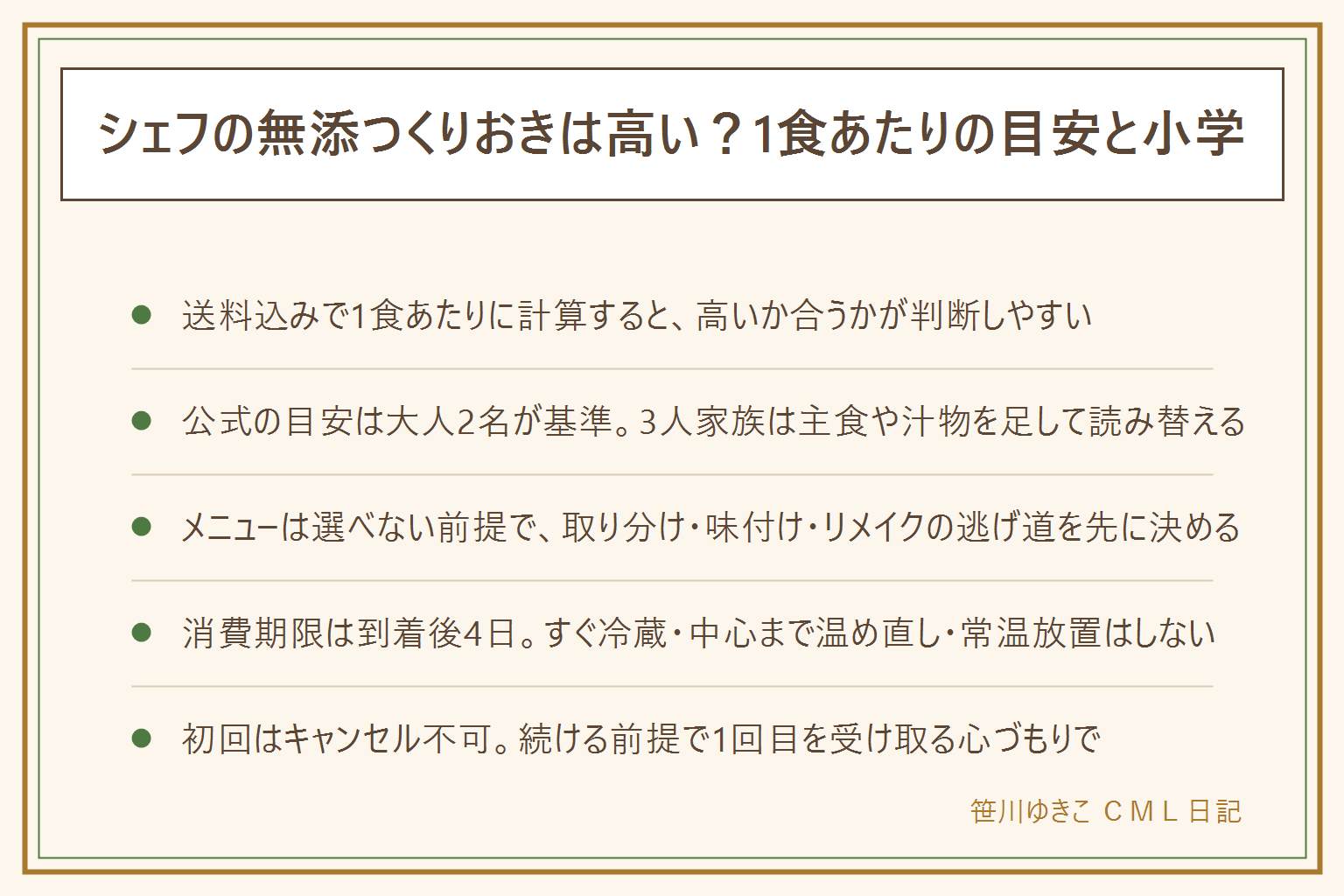 シェフの無添つくりおきが高いか分かる早見表:サポートプラン5,173円送料込み6,163円で2日分・おまかせプラン13,607円送料込み14,597円で3日分、1食あたりの目安を家族3人で計算。小学生2人の3人家族はおまかせの大人2名+小中学生2名の目安に近いが大人が1人少なく量に余裕。メニューは選べない前提で取り分け・味付け足し・リメイクの逃げ道を用意。消費期限は到着後4日、すぐ冷蔵・中心まで温め直し・常温放置しない・冷凍は公式可の品だけ。初回はキャンセル不可、2回目以降はいつでも解約可。向く家はメニューを選ばず楽したい家、向かない家は自分で選びたい家。