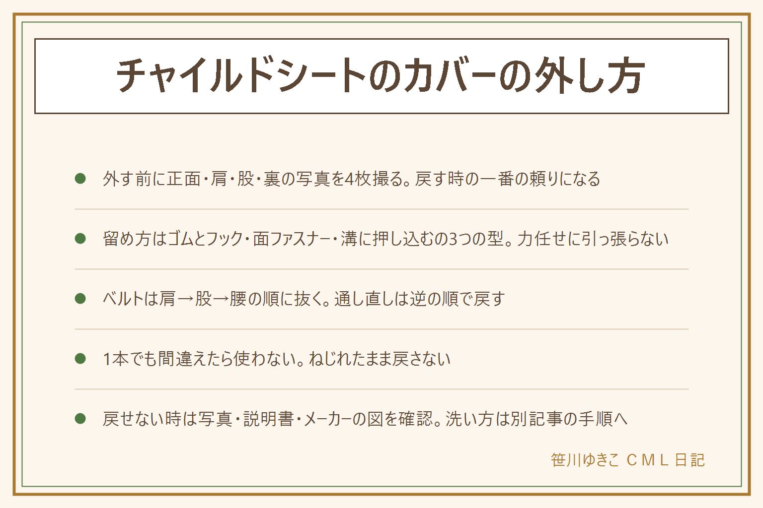 チャイルドシートのカバー外し方の早見表:外す前に正面・肩ベルト・股ベルト・裏側の留め具の写真を4枚撮っておく。留め方はゴムとフック型・面ファスナー型・溝に押し込む型の3つ、力任せに引っ張らない。ベルトは肩→股→腰の順に抜き通し直しは逆の順で戻す、ベルトの通し方を1本でも間違えたら使わずねじれたまま戻さない。戻せない時は撮った写真・メーカーの説明書のPDF・取り付け図を確認する、純正以外のカバーは取扱説明書に禁止事項がないか確認する。洗い方は外せるクッションの洗い方と本体のカビ対策の記事にゆずり、この記事は外し方と敷く物の安全に絞っている。