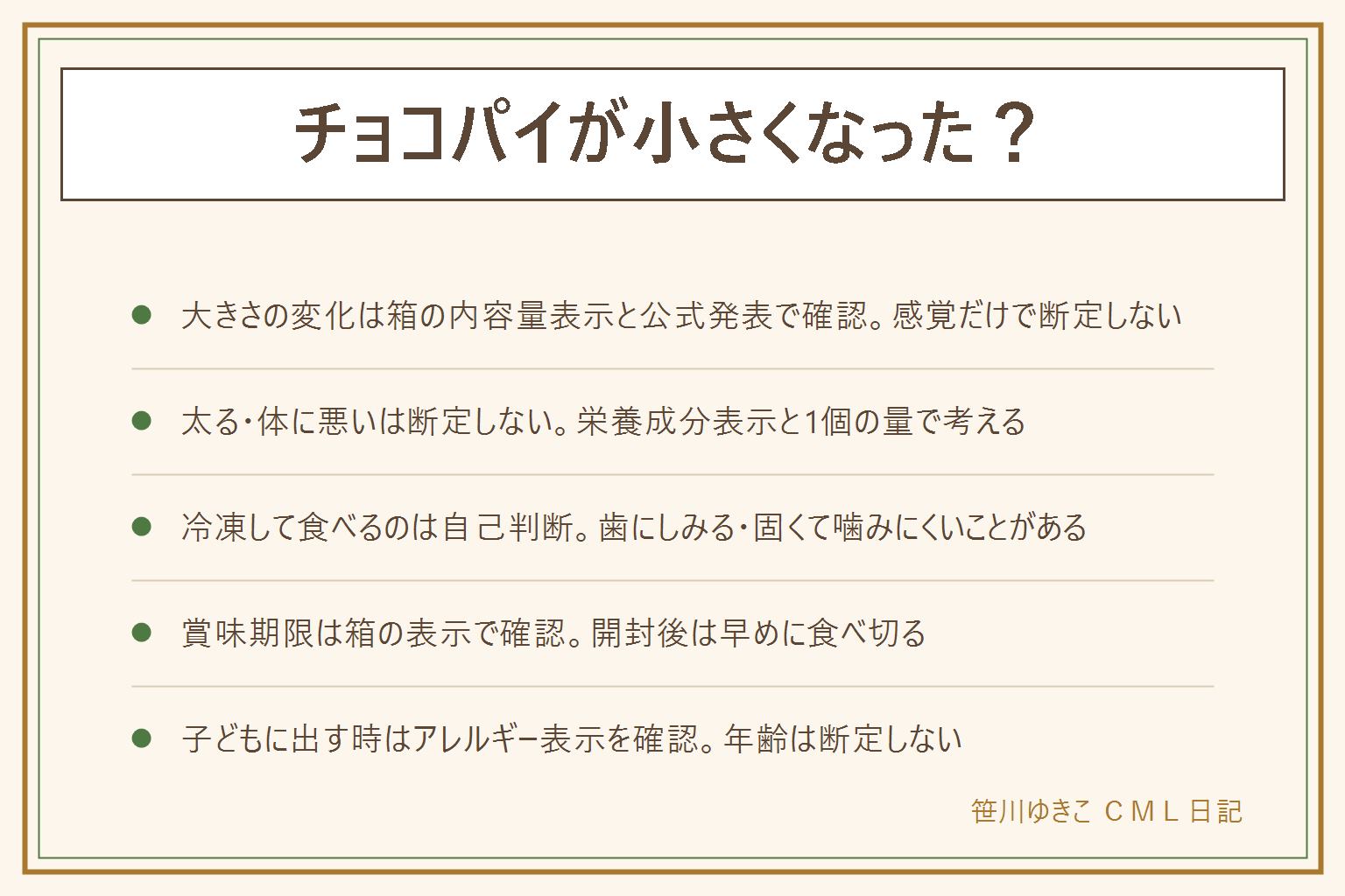 チョコパイが小さくなった気がする時の早見表:大きさの変化は感覚だけで断定せず、箱の内容量表示と公式サイトのお知らせ・お客様相談室で確認する。太る・体に悪いかは断定せず、栄養成分表示と1個あたりの量で考える。冷凍して食べる食べ方はパッケージに案内がなければ自己判断で、歯にしみる・固くて噛みにくいことがある。賞味期限は箱の側面や底面の表示で確認し、開封後は早めに食べ切り、におい・見た目・食感の変化があれば食べない。子どもに出す時は年齢を断定せず、卵・乳・小麦のアレルギー表示を確認して少量から試す。