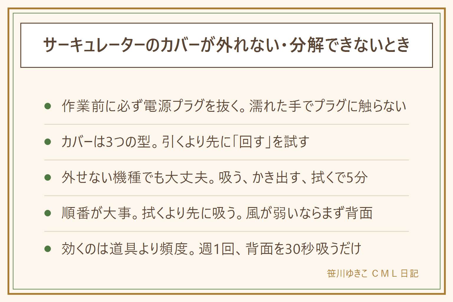 サーキュレーターの掃除の早見表:作業前に必ず電源プラグを抜き、濡れた手でプラグに触らない。前面カバーはツメ留めで回して外す型、ネジ留めでシールやゴム脚の下に隠れている型、構造上外せない型の3つに分かれ、外せない機種はこじ開けない。外さない掃除は掃除機で吸う、細いブラシで格子をなぞる、割り箸に布を巻いて羽根を拭く、いちばん汚れる背面の吸込口を掃除する、最後に外へ向けて送風するの5手順で5分。拭くより先に吸うのが鉄則。やってはいけないのは本体に水をかける、羽根を無理に引き抜く、乾かないうちに戻す、樹脂にアルコールや溶剤を使う、ツメをこじ開ける。頻度は週1回背面を30秒、月1回は5分、シーズンの終わりだけ外せる機種を洗って完全に乾かす