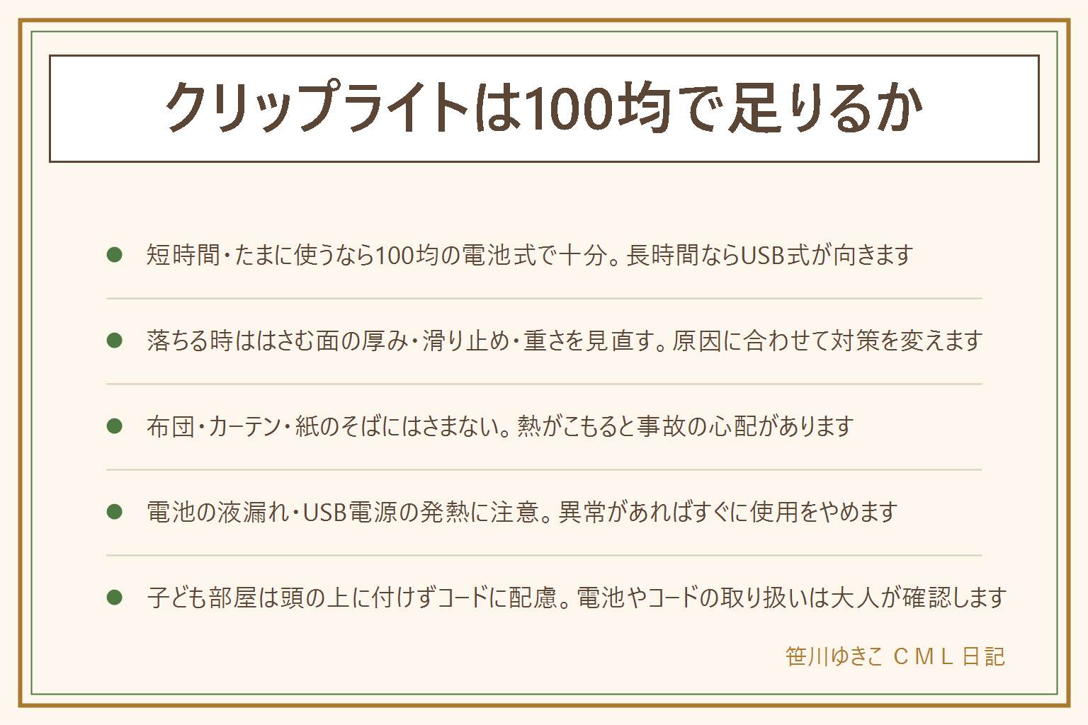 クリップライトは100均で足りるかの早見表:短時間・たまに使うなら100均の電池式で十分、長時間つけっぱなしにしたい・厚みのある所につけたいなら専用品のUSB式が向く。落ちる・向きが変わる時ははさむ面の厚み、滑り止め、重さの順に見直す。布団・カーテン・紙のそばにはさまないこと、燃えにくい場所で使うことが大切。電池の液漏れがあれば使わない、USB電源やコードが熱い時は使用をやめる。子ども部屋で使う時は頭の上に付けない、コードに足を引っかけない、電池やコードの取り扱いは大人が確認する。明るさは商品や部屋の暗さで変わるため断定しない