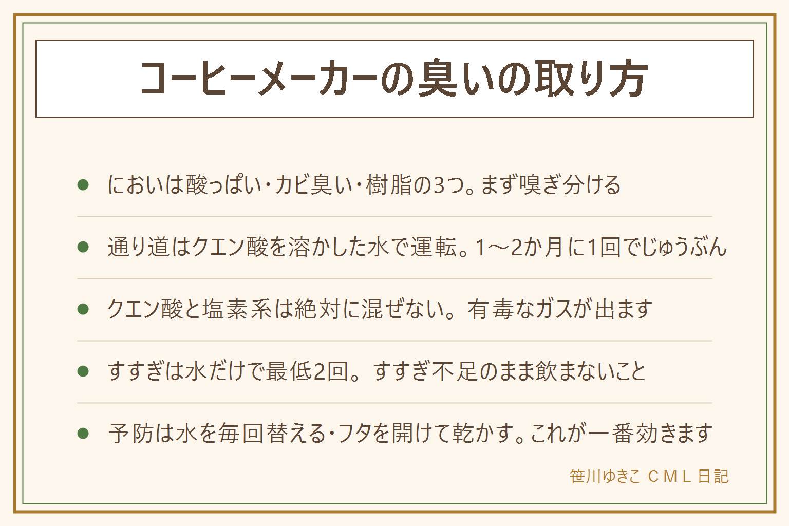 コーヒーメーカーの臭いの取り方の早見表:においの出どころは、酸っぱい油のにおいがバスケットとフタとサーバーに残ったコーヒーの油、カビ臭いにおいが水タンクとパッキンのぬめり、樹脂のにおいが新品の部品で水だけの運転を数回で薄れるという3つ。通り道はクエン酸で洗い、粉とフィルターを外し、水500ミリリットルにクエン酸小さじ1から2を溶かして運転し、半分落ちたら20分から30分置き、液を捨ててタンクを洗い、きれいな水だけで最低2回すすぎ運転する。1から2か月に1回が目安。クエン酸と塩素系は絶対に混ぜない、有毒なガスが出る。食器用洗剤をタンクに入れて回さない、タンクに熱湯を注がない、すすぎ不足のまま飲まない。部品はバスケットの裏、フタのパッキンの溝、サーバーの内壁、金属フィルターの目を洗う。予防は水を毎回替えてフタを開けて乾かすこと。焦げたにおいや煙が出るときは電源を抜いて使用をやめメーカーへ