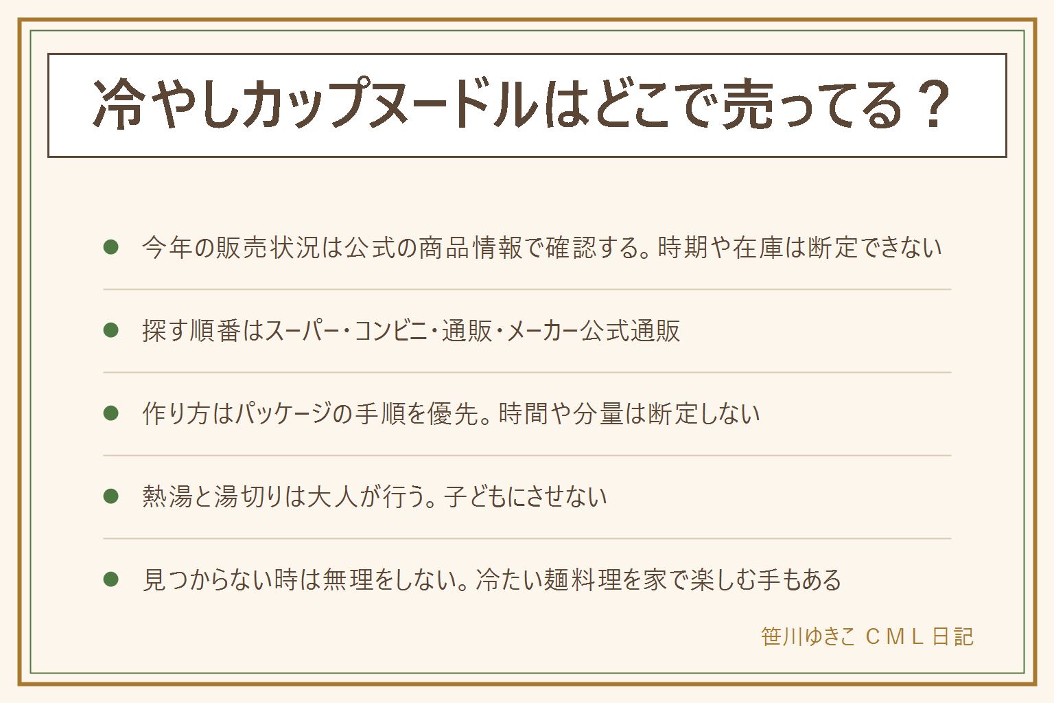 冷やしカップヌードルを探す時の早見表:季節商品のため今年の販売状況はメーカーの公式サイトの商品情報で確認する、SNSや知恵袋は投稿時期がずれていることに注意する。探す場所はスーパーのカップ麺売り場、コンビニ、ネット通販、メーカーの公式通販の順に見ていくと効率がよい、在庫は都度確認する。作り方はパッケージの手順を優先し時間や水と氷の分量は断定しない、熱湯と湯切りは大人が行い子どもにさせない、湯切りは流しに向けて蒸気の方向に顔を近づけない。見つからない時は無理に探し続けず冷やし中華など家で作る冷たい麺料理も選択肢になる。