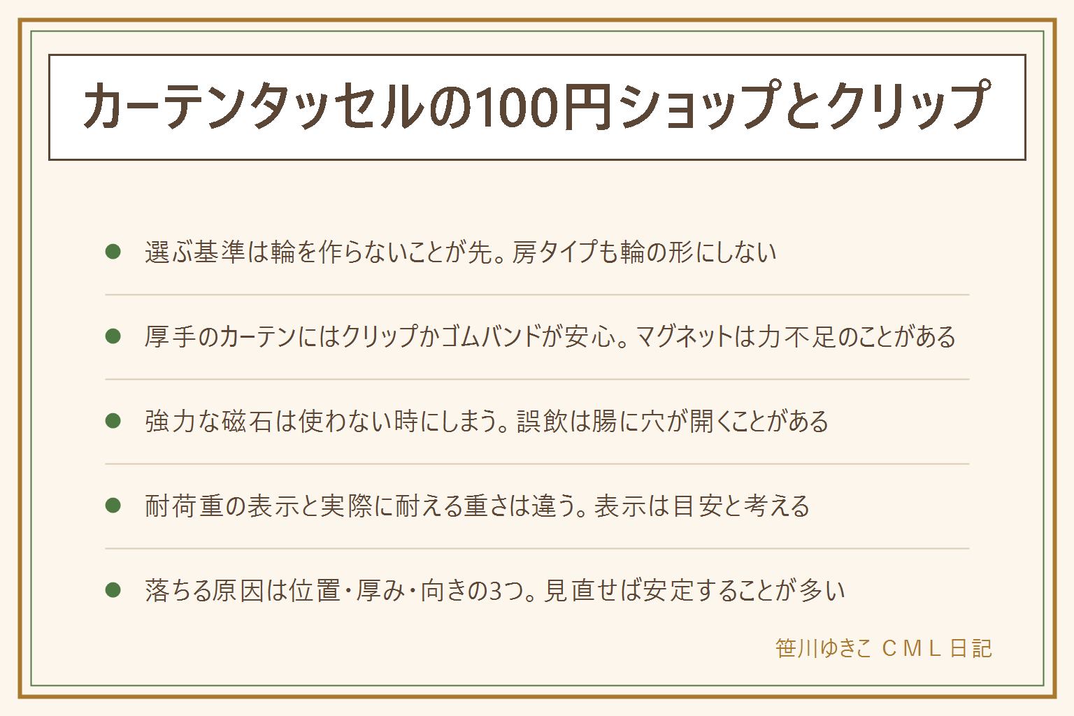 カーテンタッセルの100円ショップとクリップの早見表:選ぶ基準は輪を作らないことが前提で、房タイプも輪の形にしない、子どもの手が届く高さに垂らさない、登れる家具の近くの窓では使わない。型は房タイプ・マグネット式・クリップ式・ゴムバンド式の4つで、タッセル受けの有無・カーテンの厚み・子どもが窓に近づくかで選び分ける。厚手の遮光カーテンはマグネットの力が足りないことがあるためクリップかゴムバンドが安心。強力な磁石は2個以上飲むと腸に穴が開くことがあるため使わない時はしまって保管する。耐荷重の表示の数字と実際に耐える重さは違うと考えておく。落ちる原因は挟む位置のずれ・厚みに対して留め具が小さい・磁石の向きが逆の3つで、見直せば安定することが多い