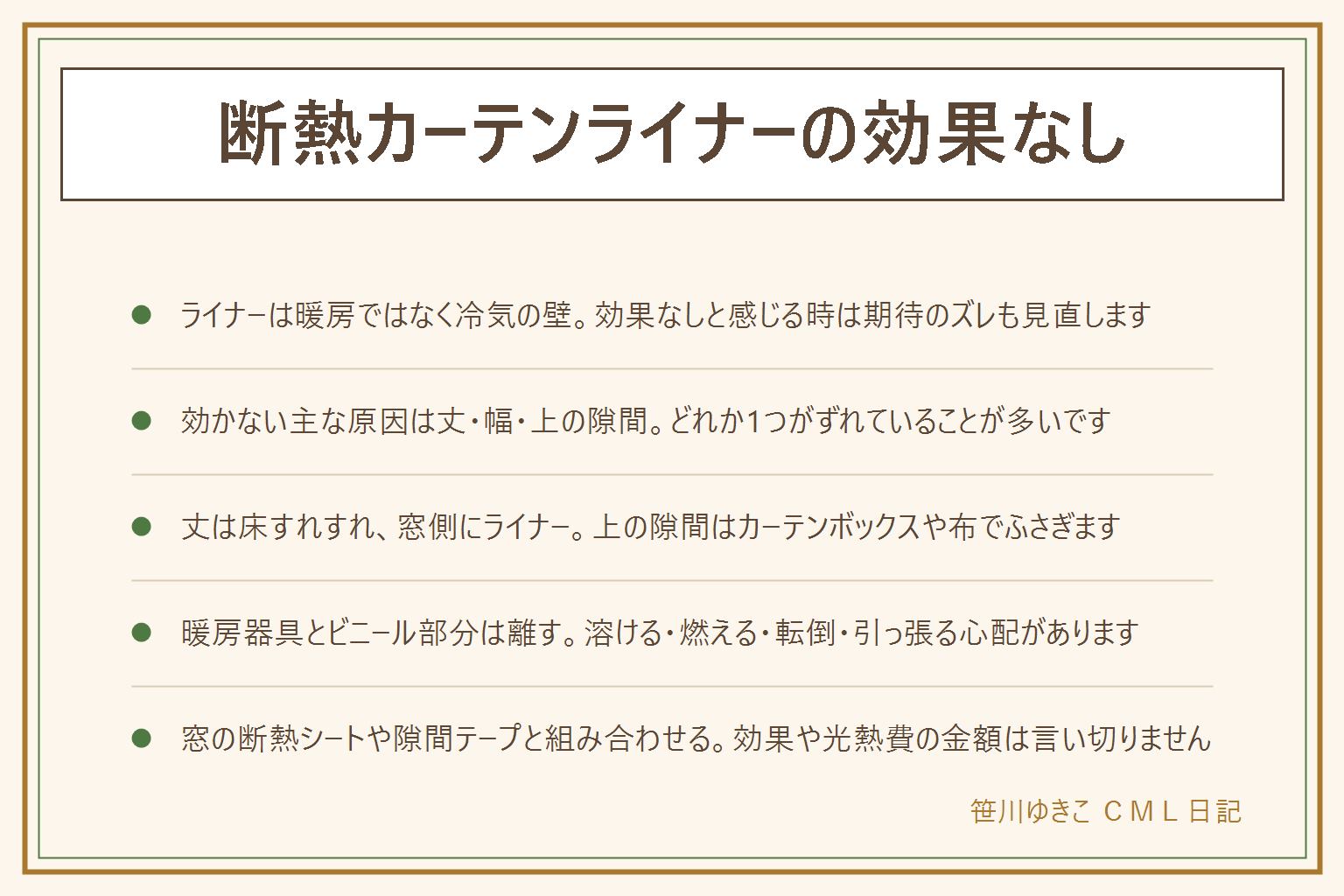 断熱カーテンライナーの効果なしの早見表:ライナーは暖房ではなく冷気の壁を作る道具。効かない主な原因は丈が床から浮いている・引きずっている、幅が足りず左右に隙間、レール上が開いている、窓自体が冷たいサッシの4つ。効く付け方は丈を床すれすれに合わせる、窓側にライナー・部屋側にカーテンの順で重ねる、上の隙間はカーテンボックスや布でふさぐ。暖房器具とビニール部分は離して使う、近づけると溶ける・燃える恐れがある、床に引きずると転倒、ペットや子どもが引っ張る・かじることもある。窓の断熱シートや隙間テープと組み合わせると底上げしやすい。掃き出し窓は効果を感じやすく、二重サッシや断熱ガラスはもともと対策済みで差を感じにくい。効果の温度や光熱費の金額は断定しない